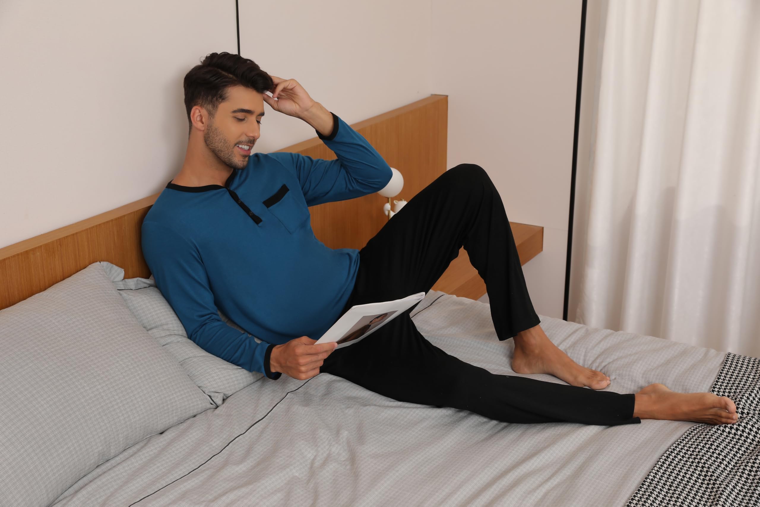 Pigiami Due Pezzi Uomo Maglia Maniche Lunghe + Pantaloni, Pigiami e Abbigliamento da Notte