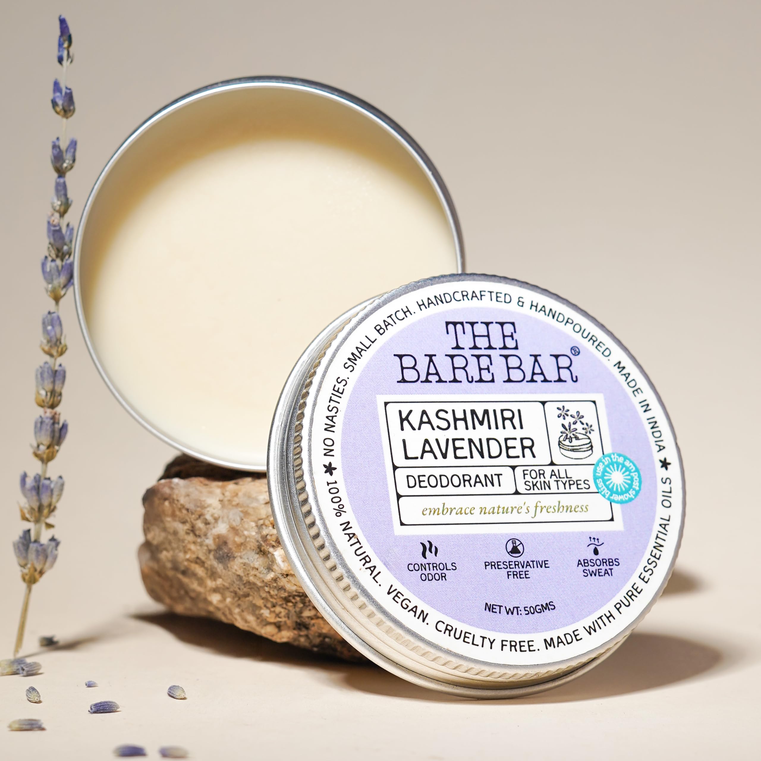 Kashmiri Lavender Deodorant - 50 gm | Floral Fragrance| Odor & Sweat Control |Natural formula & Chemical free| Good for all skin types |Travel Mini Size Solid Deodorant for Men & Women