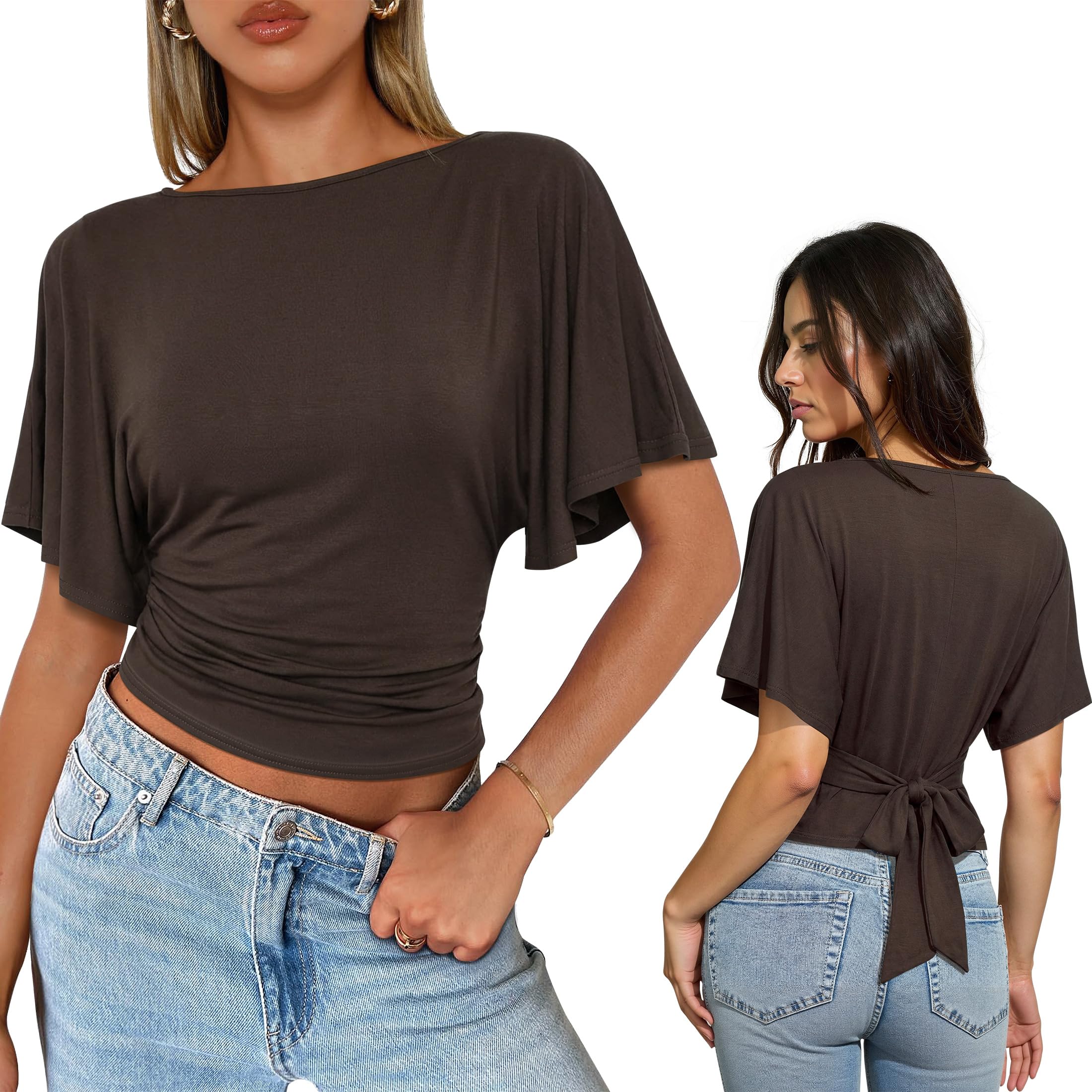 Photo 1 of Women's Flutter Sleeve Cinched Tops Wrap Tie Back Waist Blouse Boat Neck Flattering Elegant Ruched Fitted Summer Casual Shirt - M