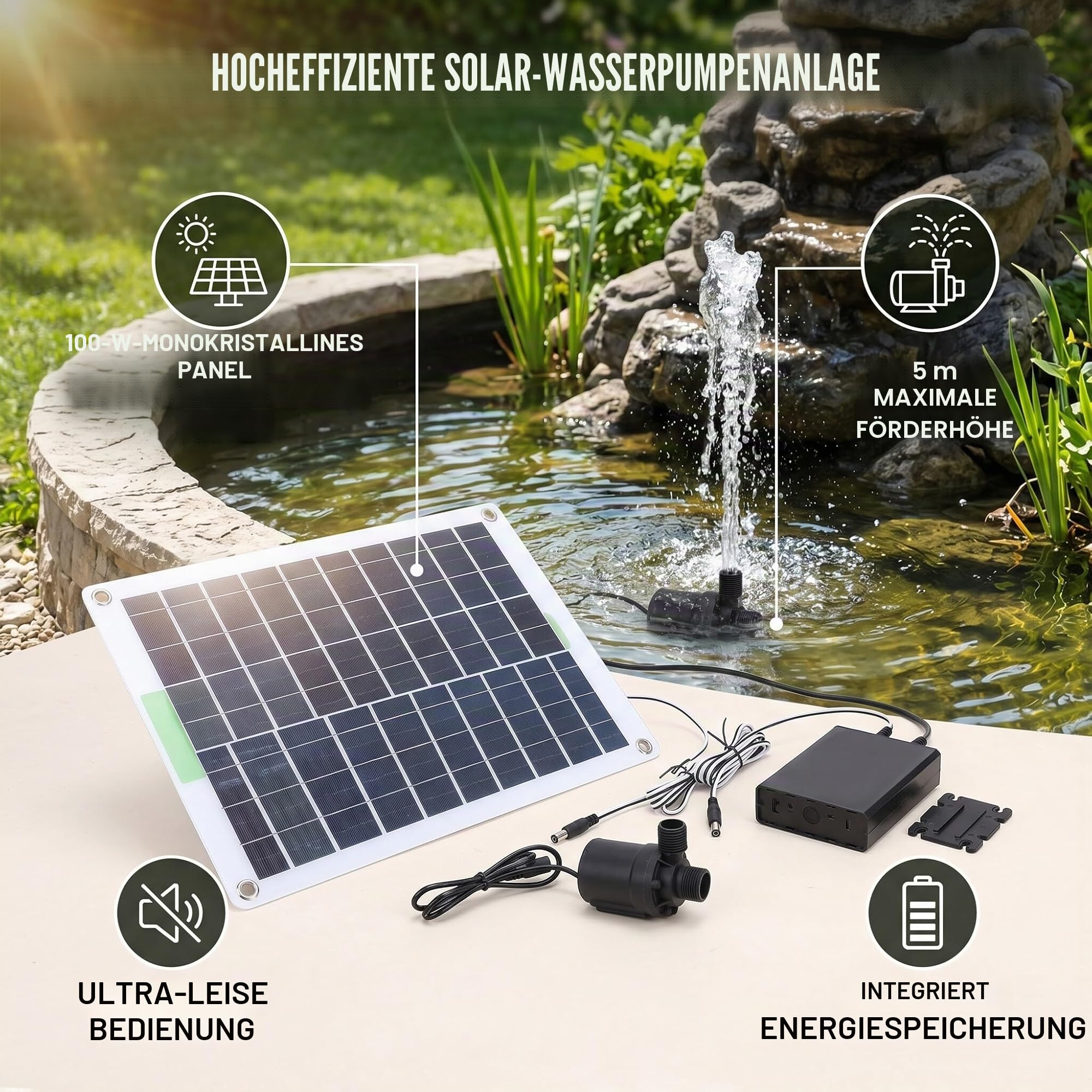 Solar-Brunnen Pumpe, 100W Mono Kristalline Solar-Teich Pumpe Geräuscharm Laufende Wasser-Brunnen mit 12V Gleichstrom-Motor Energie Sparende für Garten