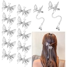 12Pcs Moving Butterfly Tassel Hair Clips, Elegant Tassel Butterfly Hairpin Antique Side Clip Will Move Hairpins Decorative Bride Wedding Head Pieces Hair Accessories for Women Girls Silver