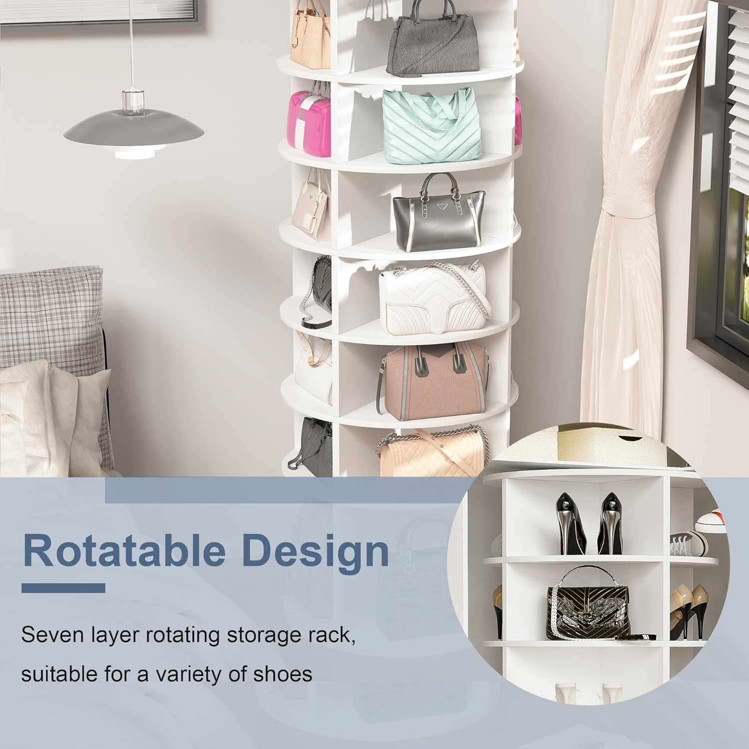 Runboll 7-Tier Rotating Shoe Rack Tower Spinning Shoe Display Lazy Susan Storage Tower, Free Standing 360 Revolving Shoe Organizer for Living Room Entryway Doorway