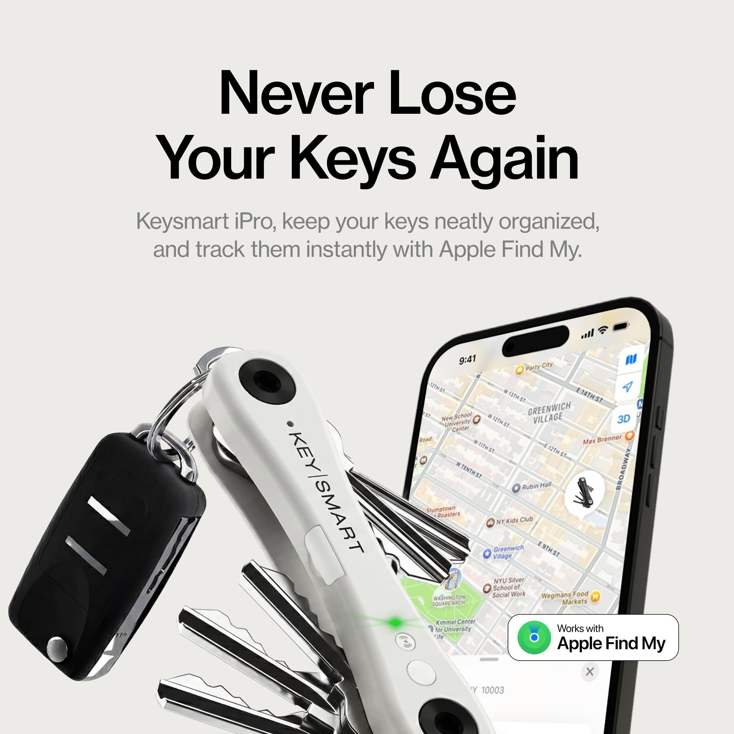 KeySmart iPro Localisateur de clés avec son, porte-clés, compatible avec Apple Find My App, organisateur de clés, suivi de porte-clés compact sans encombrement, batterie rechargeable (jusqu'à 14 clés