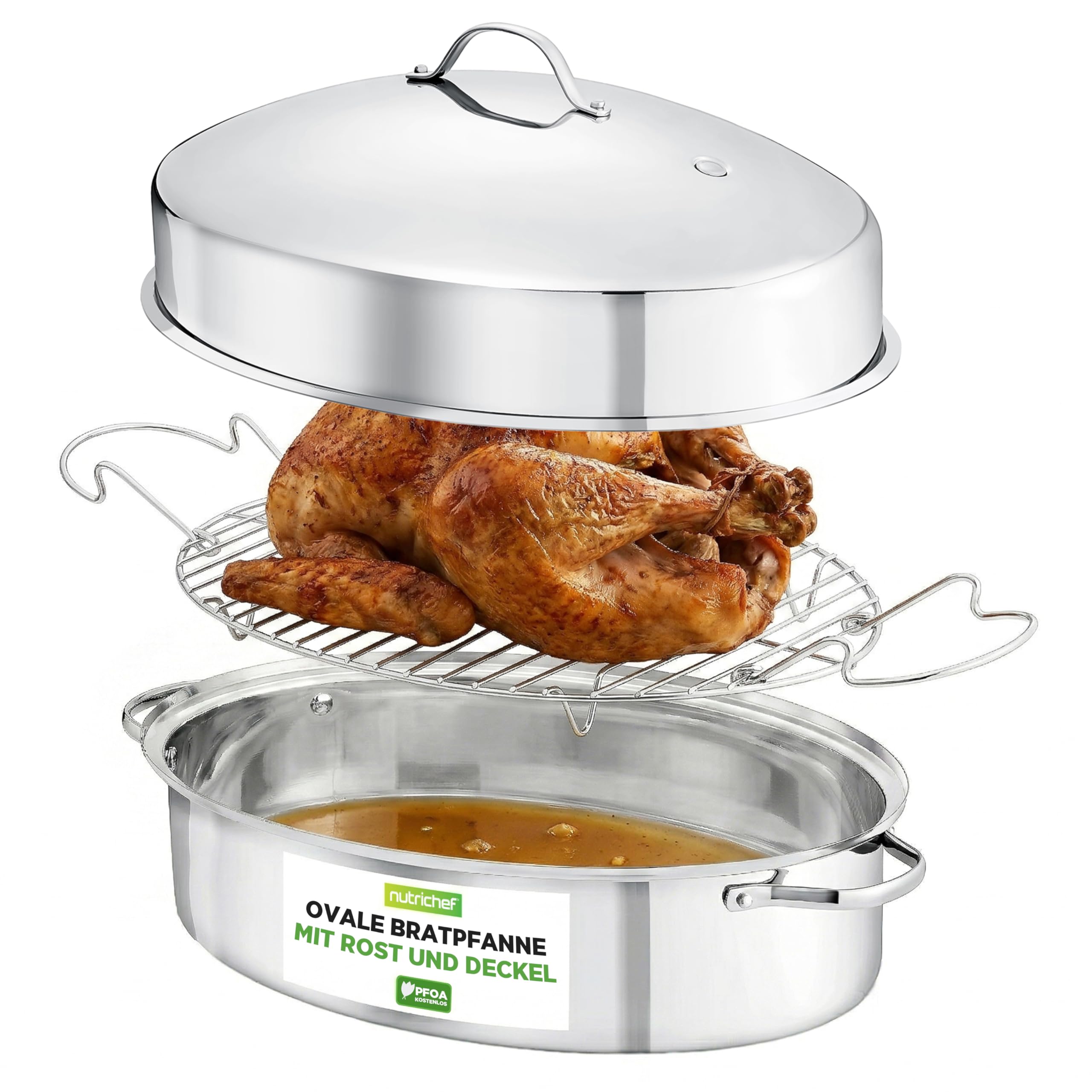 NutriChef Bräter mit Deckel, Bräter- 52x27cm, 10L- Bräter Induktion- Backofengeeignet, Bratentopf- aus Edelstahl & Antihaftbeschichtet, Ovaler Ofenbratform- Spülmaschinengeeignet