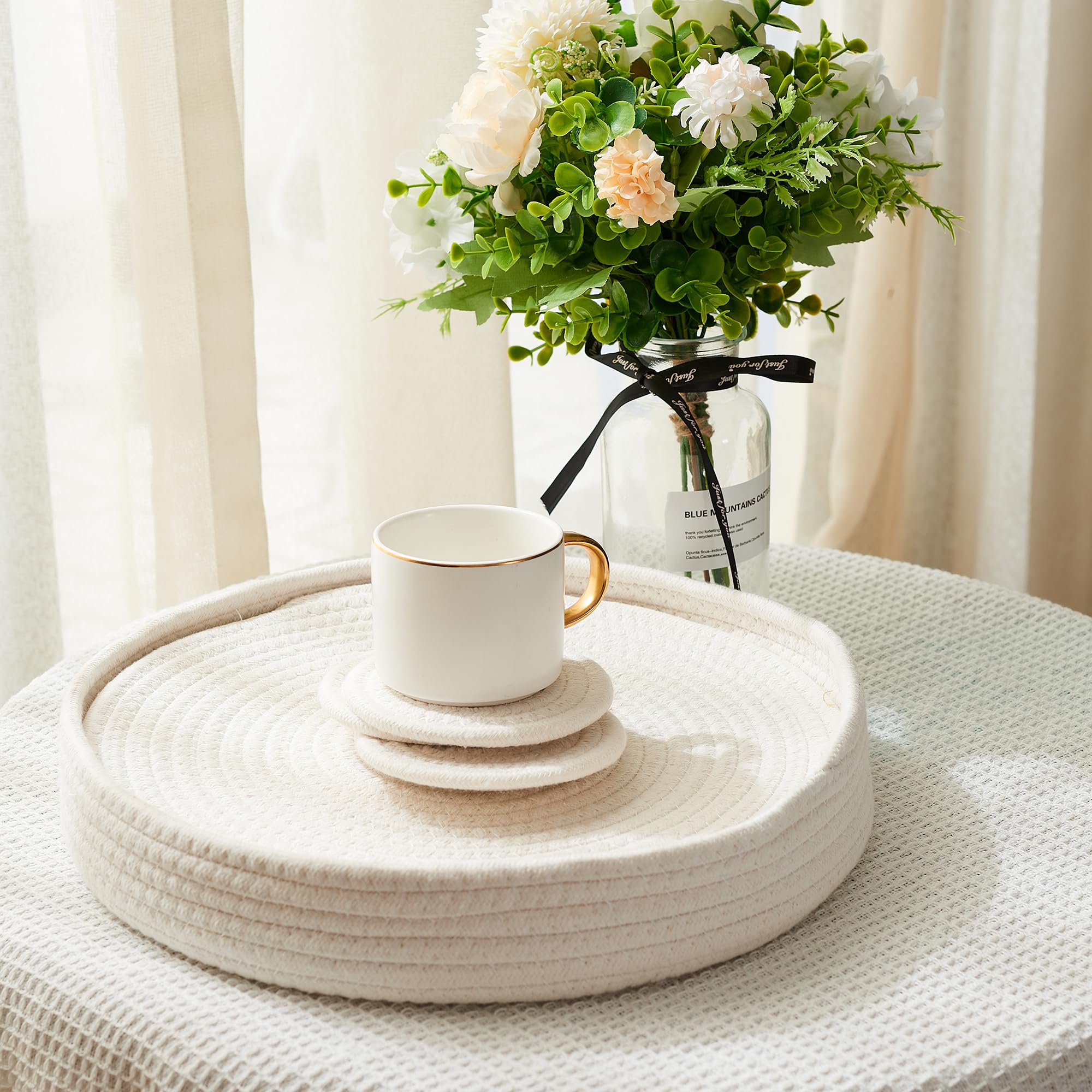 Woven Cotton Rope Round Placemats Set of 9 Pcs with Holder, Handmade Boho Woven 13" Placemats & 4.3" Coasters, Non-Slip and Heat Resistant