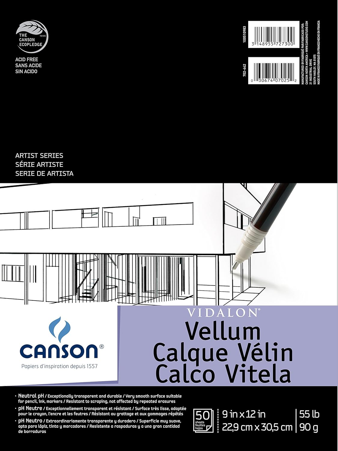 Canson Artist Series Vidalon Vellum Paper, Foldover Pad, 9x12 inches, 50 Sheets (55lb/90g) - Artist Paper for Adults and Students