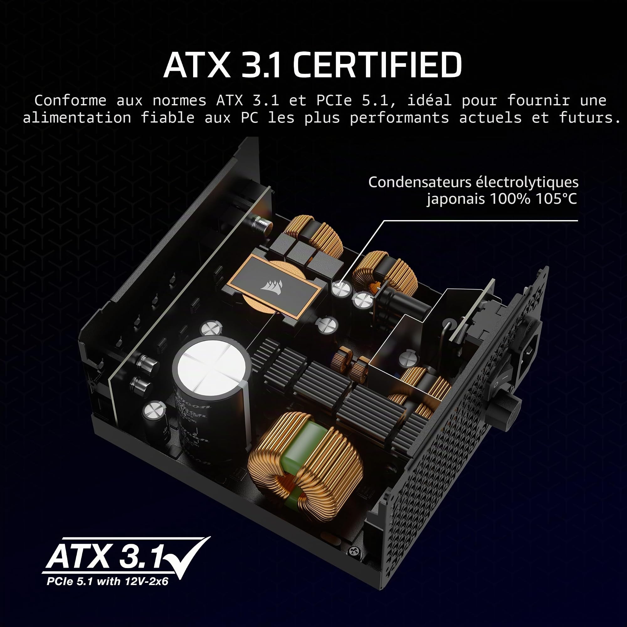 Corsair RM750x ATX 3.1 PCIe 5.1 Ready Bloc d'alimentation entièrement modulaire 750 W - Faible Bruit, efficacité cybenetics Or, connecteur natif 12V-2x6 - Noir