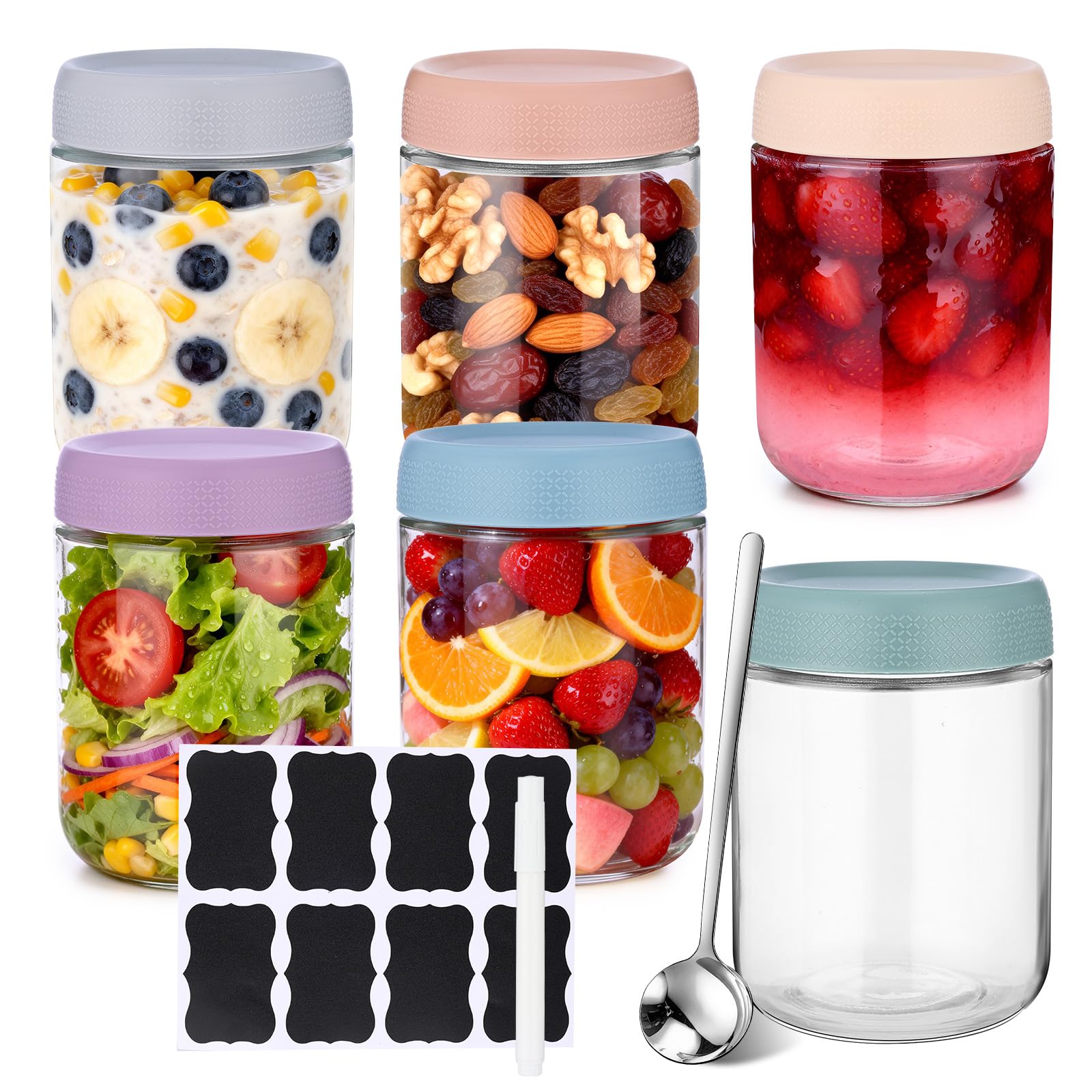 Alexpre Transparent 6Pcs 500Ml Overnight Oats Jar With Lid,Pen,Spoon&Erasable Pen