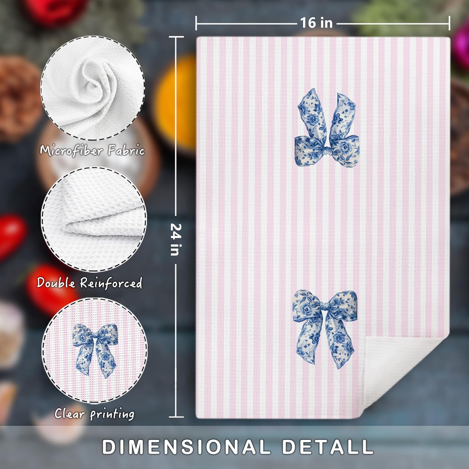 Chinoiserie Floral Coquette Bow Decor Kitchen Towels Set of 3,Blue and White Grandmillennial Floral Coquette Bow Kitchen Towels for Bathroom,16x24 Inches image 2