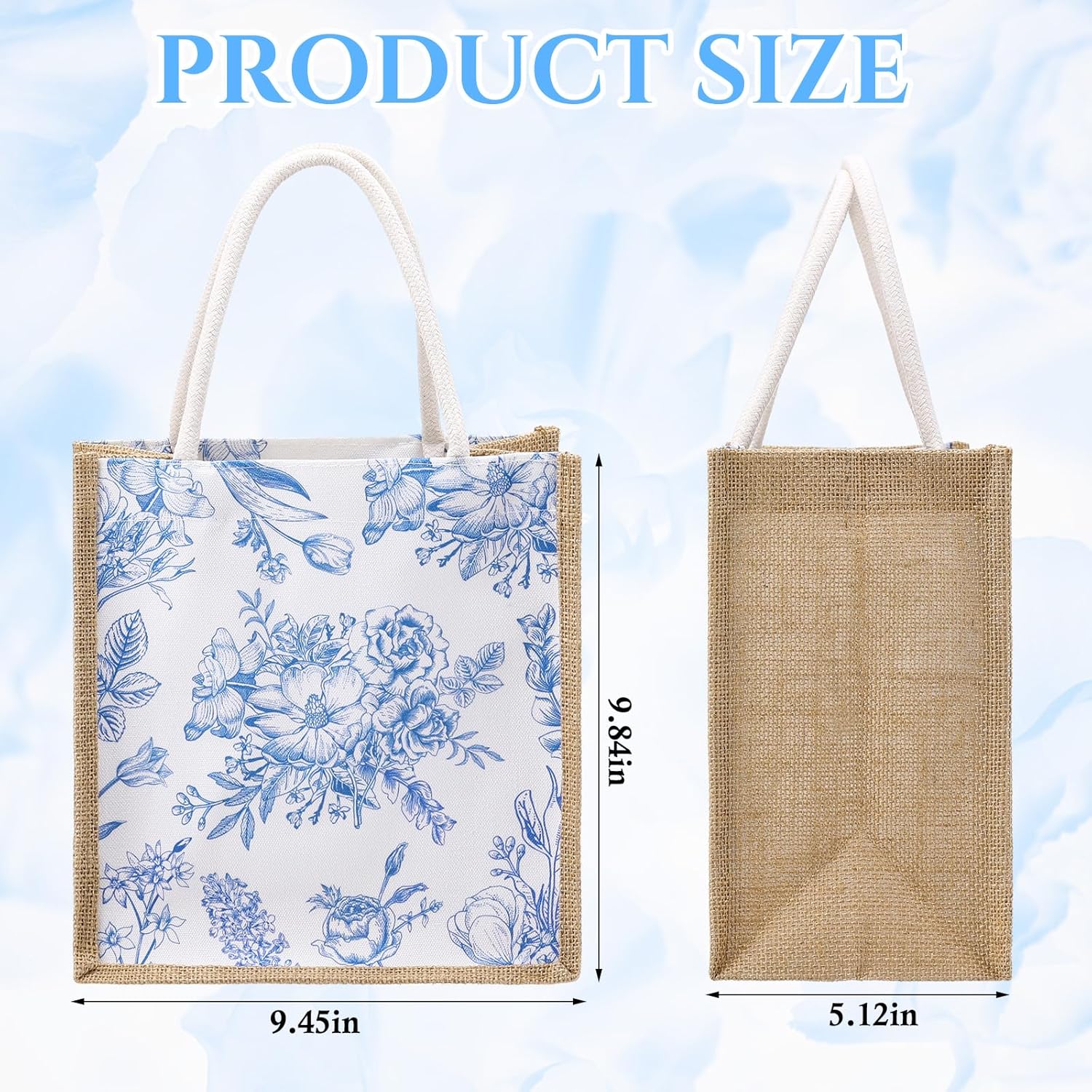 Paterr 6 Pcs Bridesmaid Bags Blue White Vintage Floral Burlap Tote Bridal Party Gift Bags Reusable Jute Tote with Handles Medium for Wedding Day Engagement DIY Shopping Bridal Shower - Image 2
