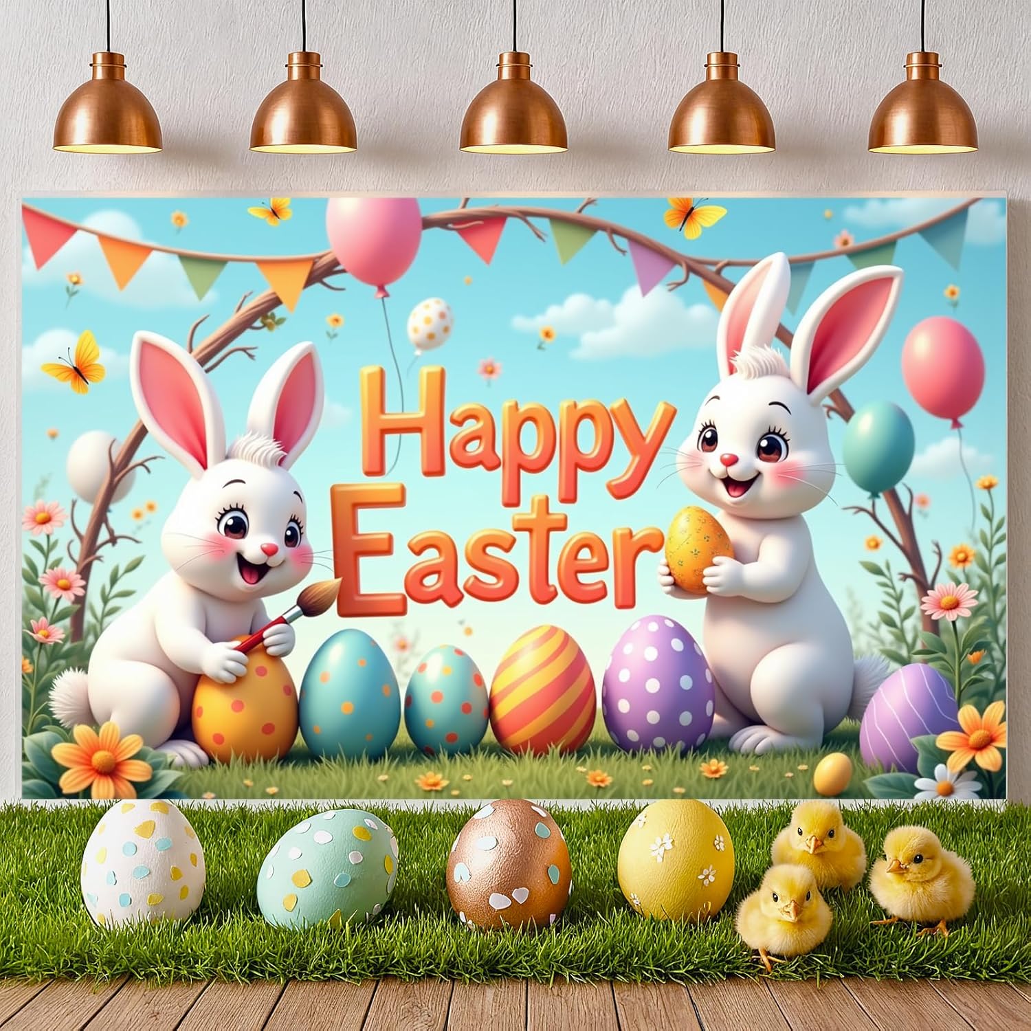 Happy Easter Banner Easter Bunny Egg Backdrop Colorful Spring Rabbit Flower Background Photo Props Decorations for Home Party Holiday Decor Supplies Classroom Photography Indoor Outdoor