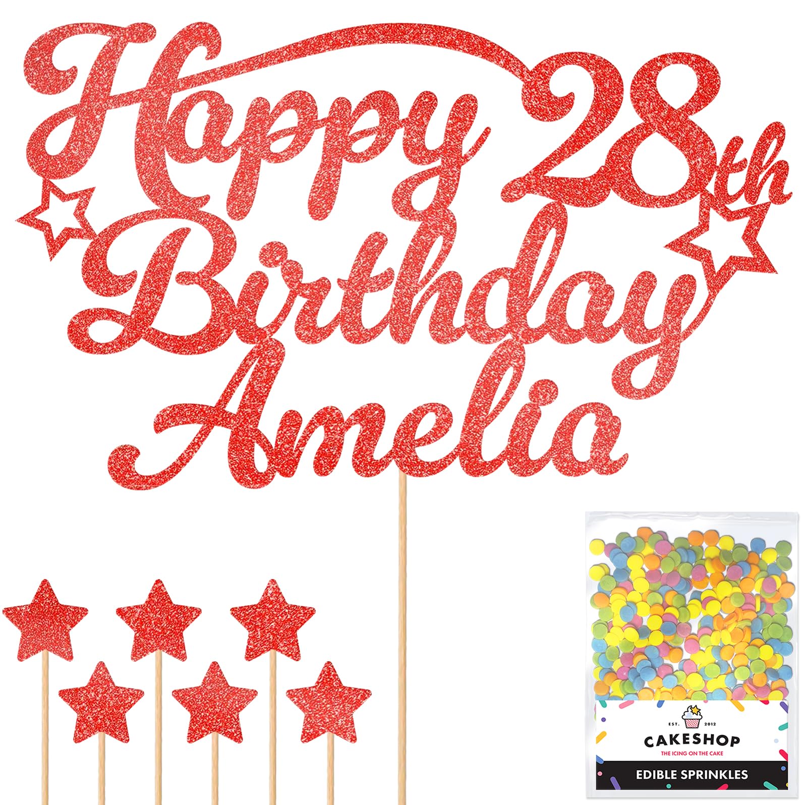 Personalised Happy Birthday Glitter Cake Topper with Stars - Red Any Name & Any Age Glitter Cake Decoration and Sprinkles - Happy Birthday Decorations - Personalised Toppers for Cakes by Cakeshop