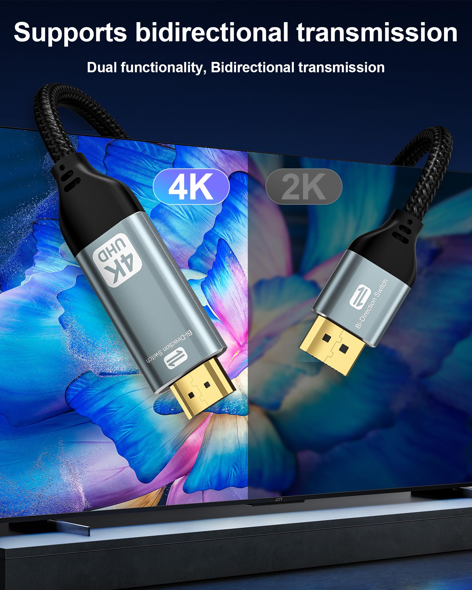 Cavo bidirezionale da HDMI a Displayport 4K da 3 m (4K a 60 Hz/2K a 120 Hz), adattatore bidirezionale da porta display a HDMI intrecciato, DP a HDMI, compatibile con PC, laptop, AMD, NVIDIA, PS5, Xbox