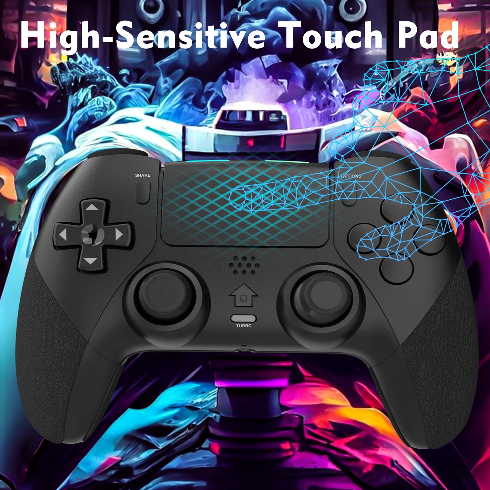 Tefelan Mando para PS4, Game Mando Inalámbrico para P4/Slim/Pro Gamepad Joystick con Turbo, Programable Botón, Dual Vibración, 6 Axis Gyro Sensor, Touch Panel, Audio Jack Speaker-Negro