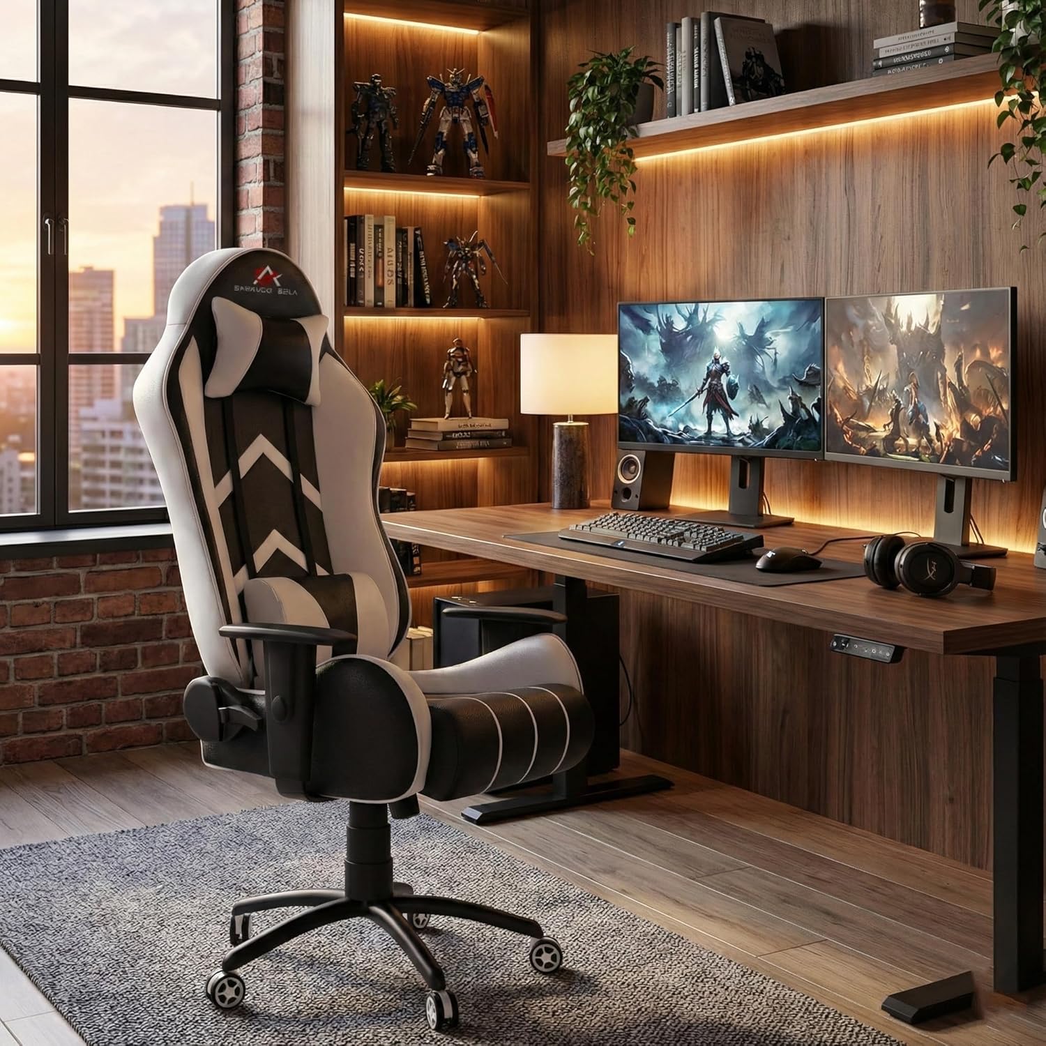 ASE GAMING Gold Series Ergonomic Gaming Chair Premium PU Leather, Adjustable Neck & Lumbar Pillow, 180 Degree Recline with Black Metal Base with 3 Years Warranty (White)