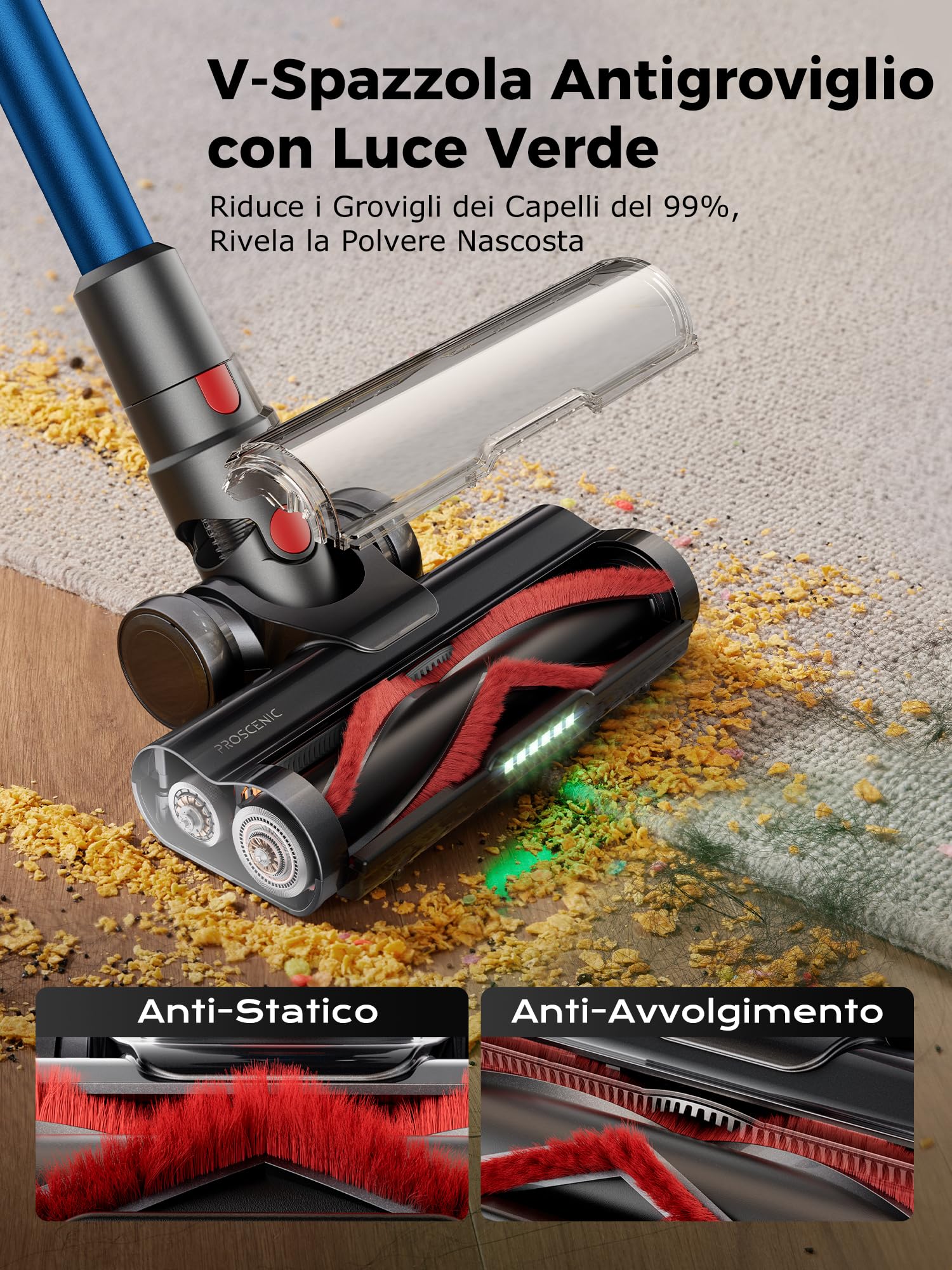 Proscenic P16 Aspirapolvere senza Fili 550W/50KPA/65Min, Scopa Elettrica senza Fili con Tubo Pieghevole, Autonomia conTouchscreen Spazzola Anti-Avvolgimento per Pavimenti/Tappeti/Peli (Blu)
