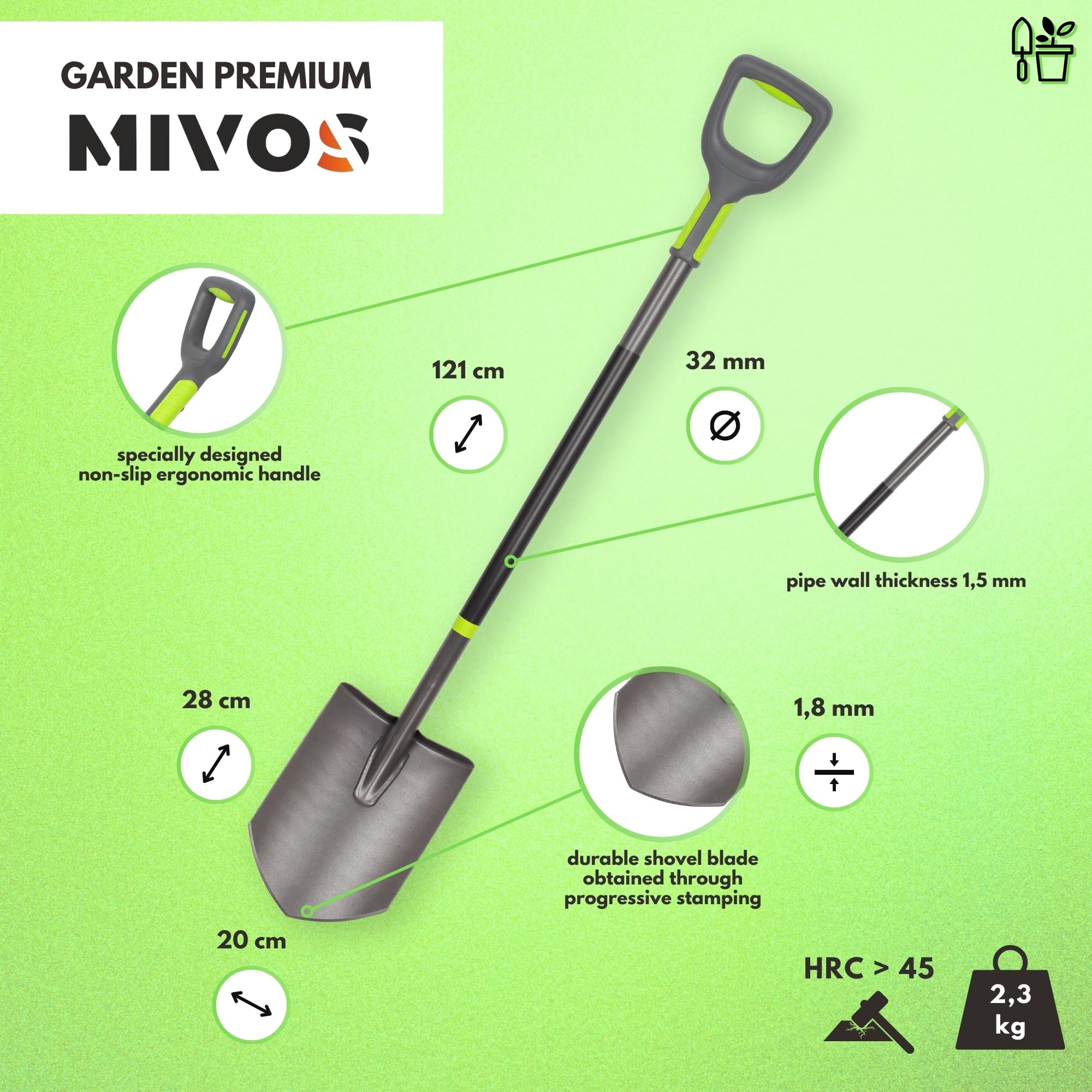 Mivos Vanga a Punta Professionale per Giardino – Pala con Lama Appuntita in Acciaio al Boro Temprato - 121 cm - Vanga da Scavo per Lavori di Giardinaggio e Costruzione – Made in EU