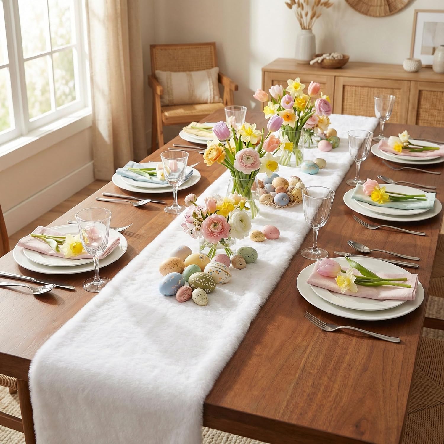duduta White Faux Fur Table Runner 72 inches Long, Fluffy Dresser Runner Covers Coffee Table Runner Spring Easter Decor