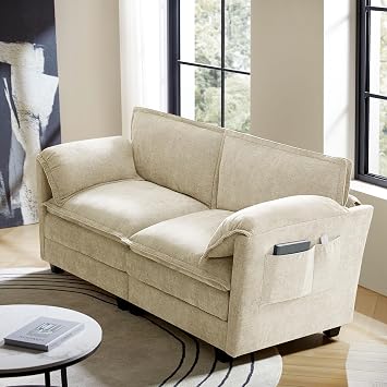 EcoHarbor 74" Loveseat Sofa for Living Room, Modern 2 Seater Comfy Cloud Couch with Elephant Ears Armrests, Dual-Layer Cushions Deep Seat & Side Storage Pockets, Beige