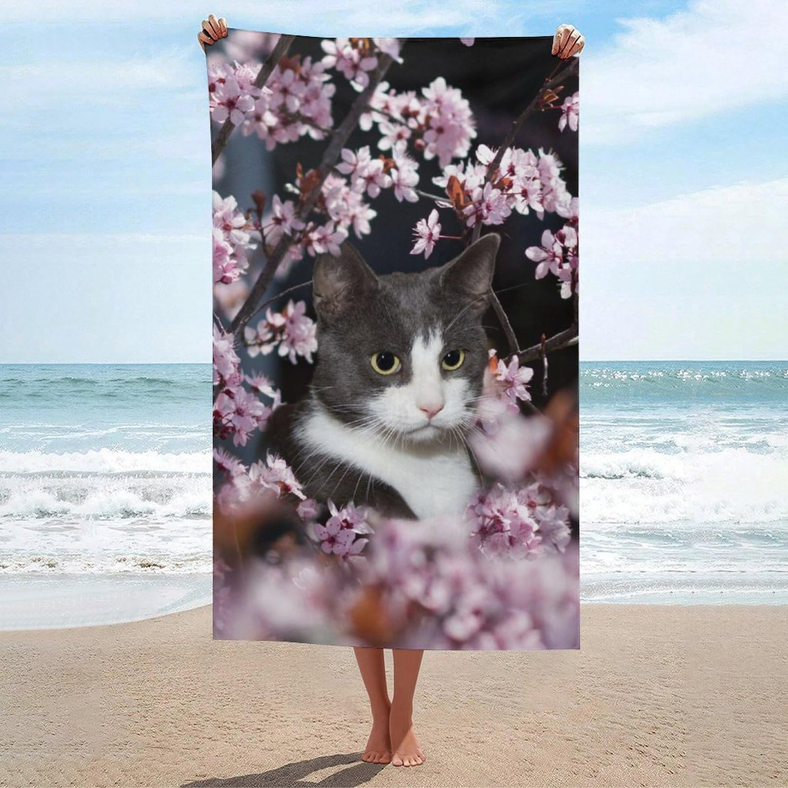 LEDFCVSU Beach Towel, Cat And Cherry Blossoms Bath Towel, Absorbent Towel for Swimming, Sports, Travel