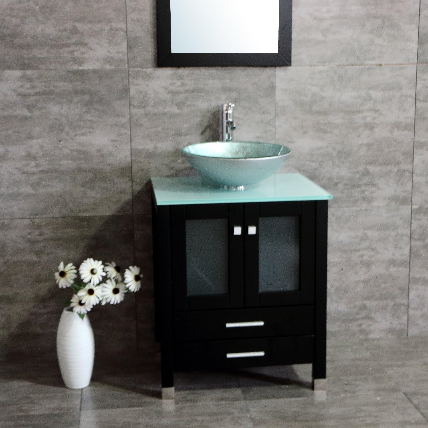 24" Black Wood Bathroom Vanity Set with Mirror - Modern Storage Combo with Tempered Glass Vessel Sink & ORB Faucet for Contemporary Bathrooms