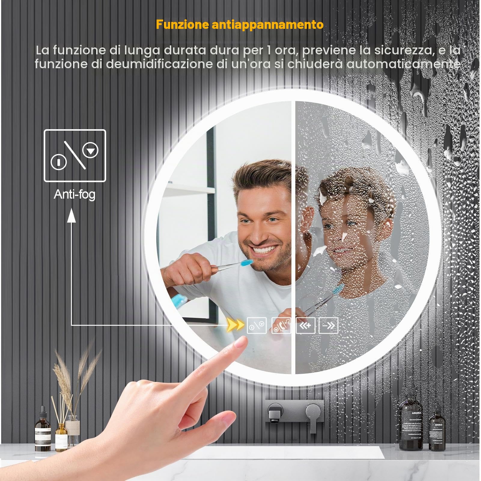Specchio Bagno con Luce, Rotondo 60cm con Luce Regolabile, Bluetooth, Antiappannamento, Vetro Temperato HD – Funzione Memoria e Riproduzione Musicale