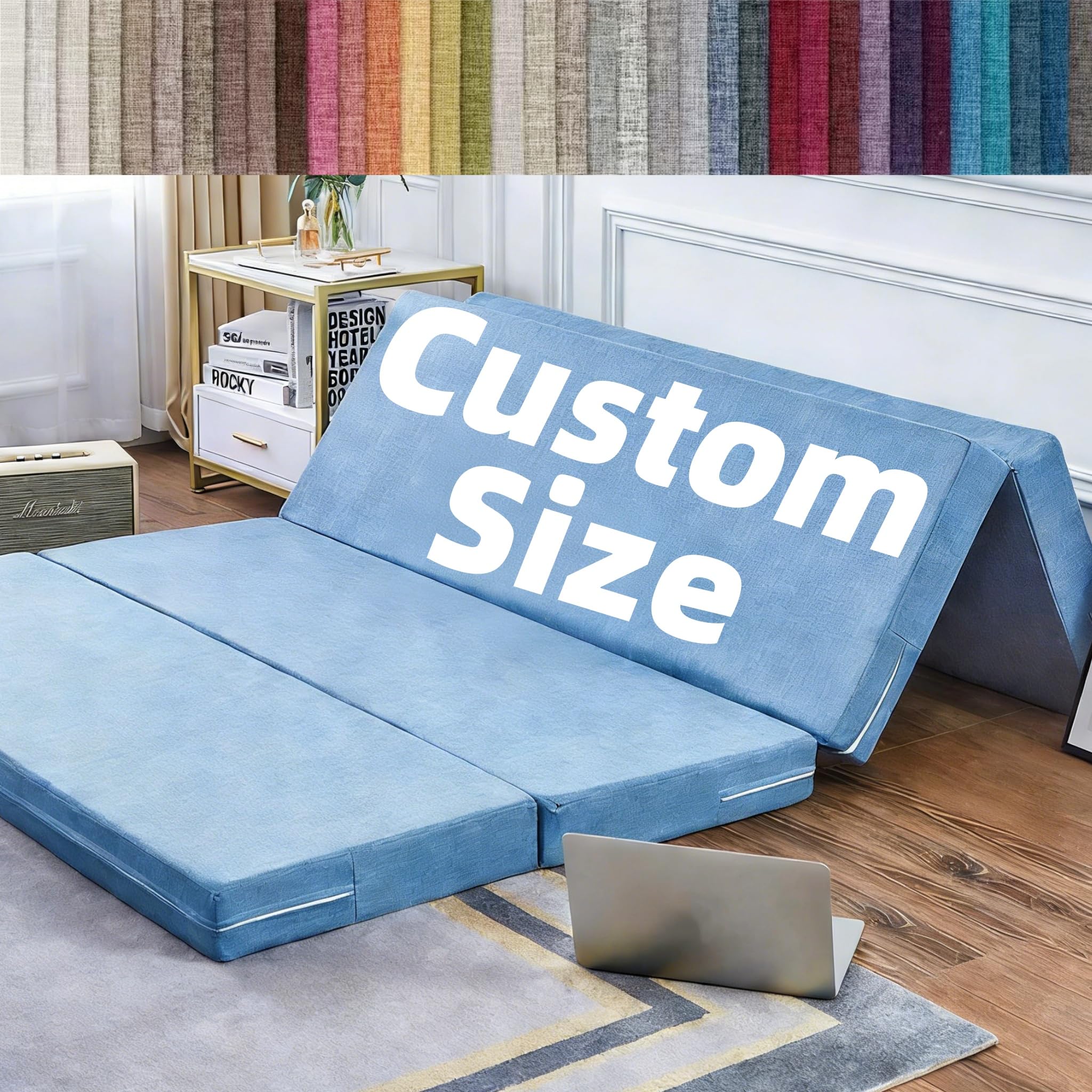 Custom Size Folding Cushions, Bespoke Foldable Mattress Pad, Made to Order RV Mattress Pillow, Tailored Portable Bi Tri-Fold Foam Cushion, Removable Cover, Space-Saving Topper for Camping Floor Daybed