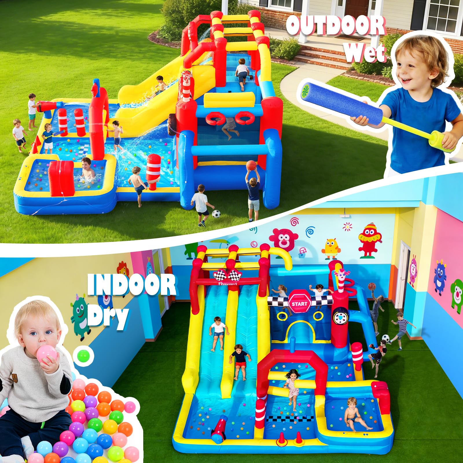 FBSPORT Castillo Hinchable 750W, 12-en-1 con Tobogán Acuático, Piscina, Área de Salto y Pared de Escalada, Este Castillo Hinchable para Interior y Exterior