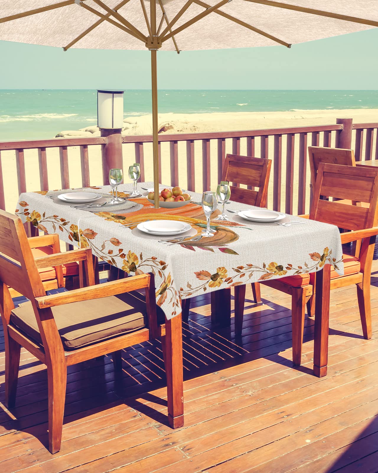 Thanksgiving Outdoor Tablecloths with Umbrella Hole and Zipper, Fall Pumpkin Rustic Maple Leaf Lace Burlap Waterproof/Stain Resistant Rectangle Table Cloth 60x84 Patio Table Cover for Picnic/Party