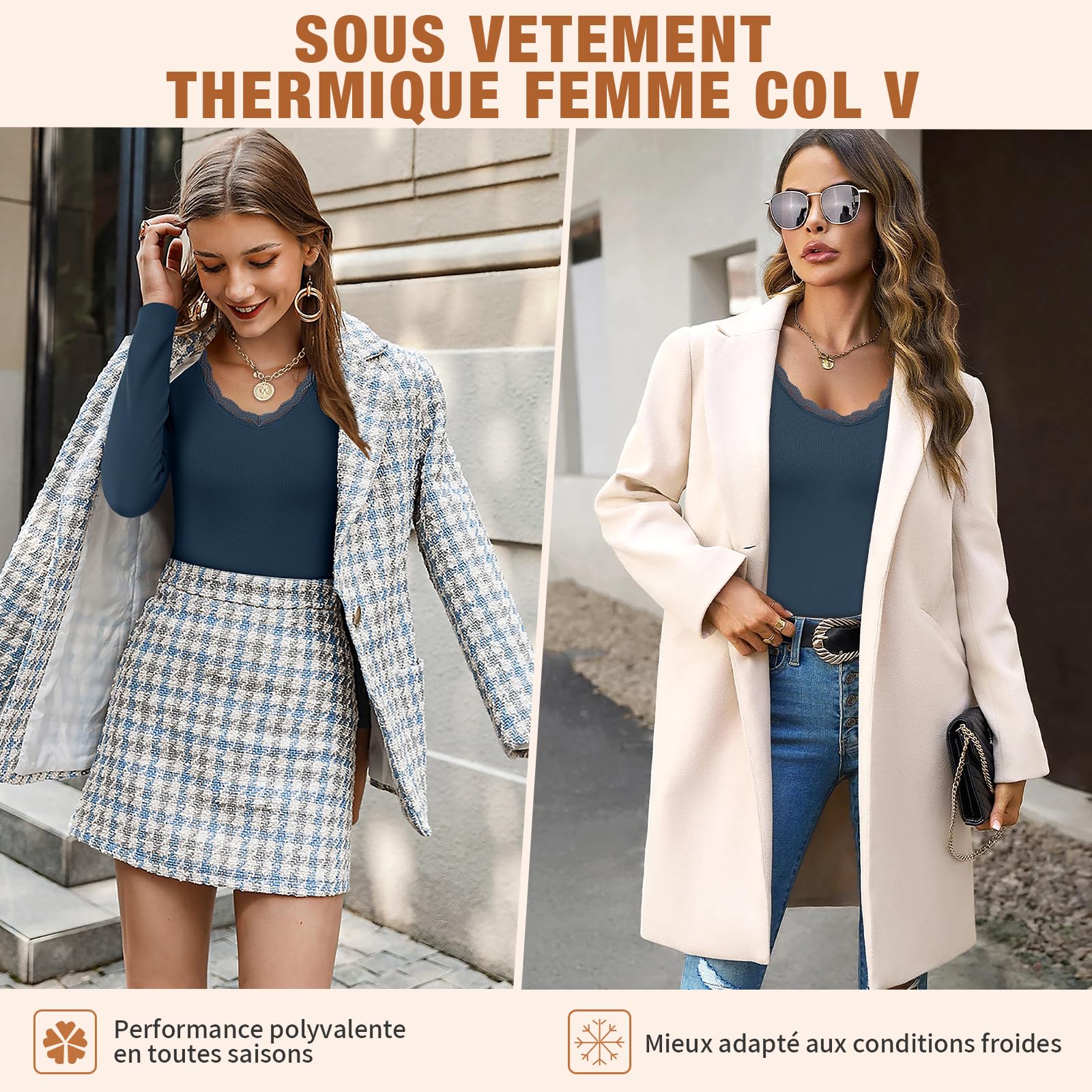 YARRCO Haut Thermique Femme sous Pull Thermique Femme Col V en Dentelle Manche Longue Casual sous-vêtements Thermiques T-Shirt