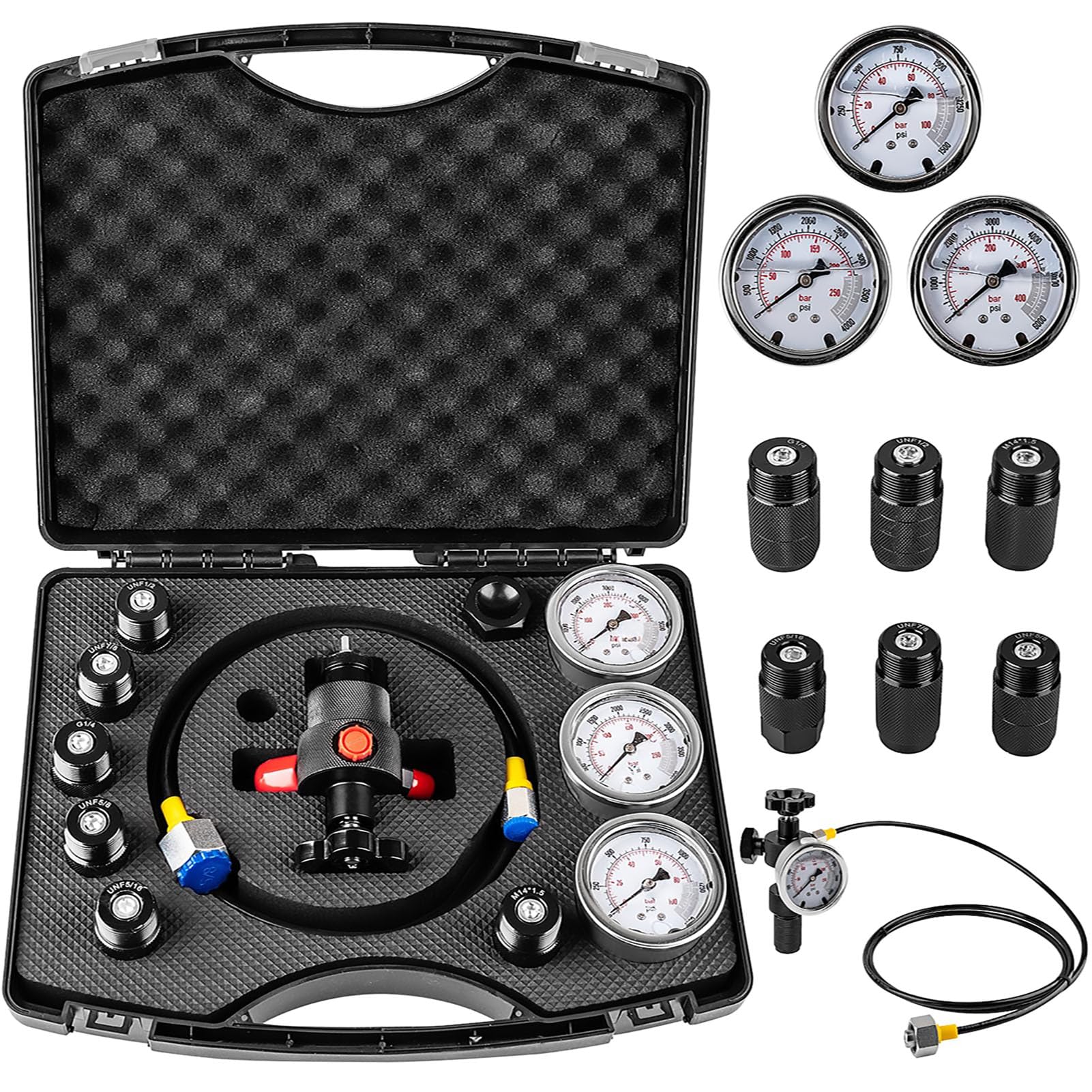 Druckmessgerät Diagnosewerkzeug, mit 3 Manometern (1500/4000/6000 PSI), 7 Kupplungen, Sicherheitsventil, Gas-Schlauch und Schutzkoffer