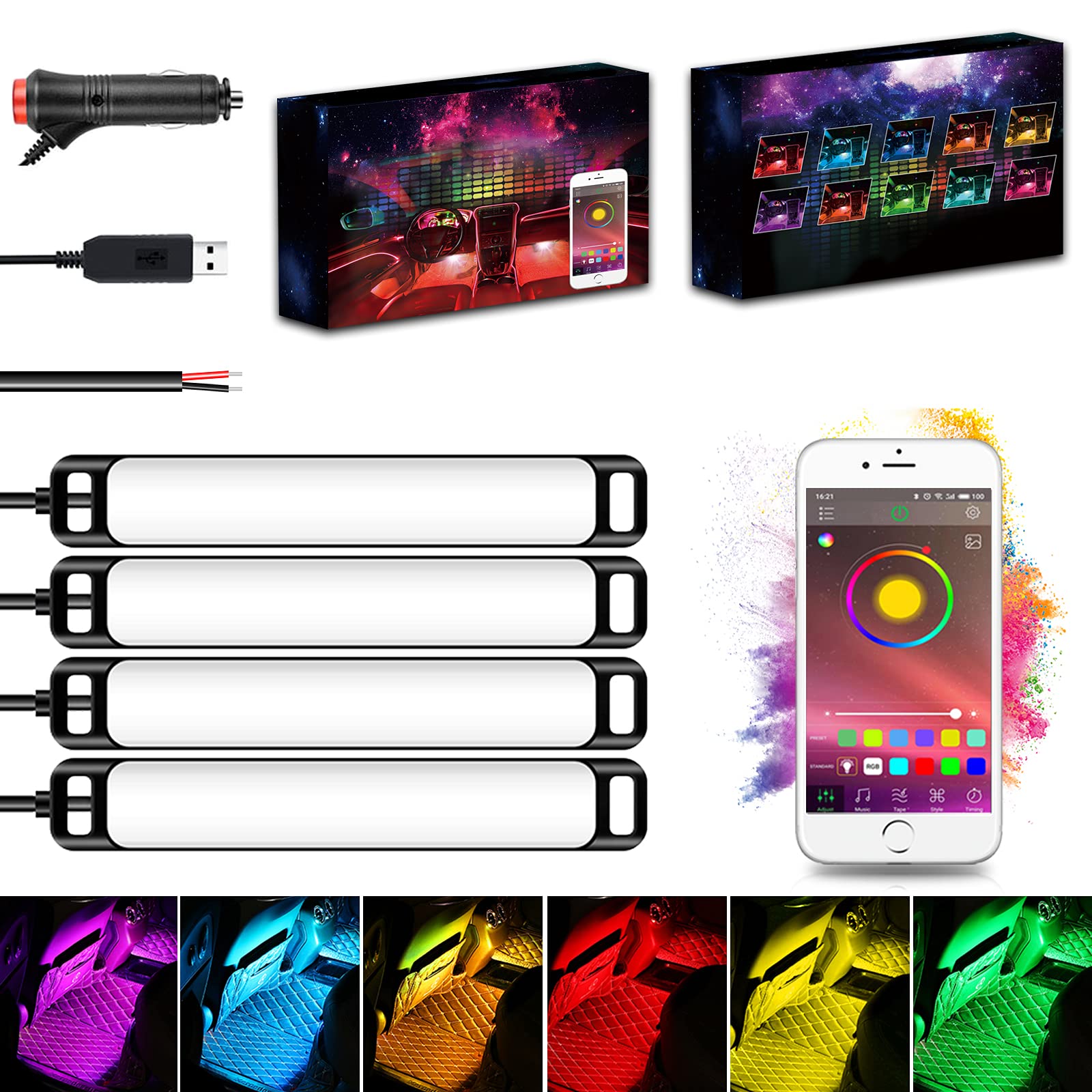 CIIHON Car Interior LED Strip Lights with 56 Colors DC 5-12V Multicolor Underglow Light App Bluetooth Control Atmosphere Light with Car Cigarette Lighter USB DC Port