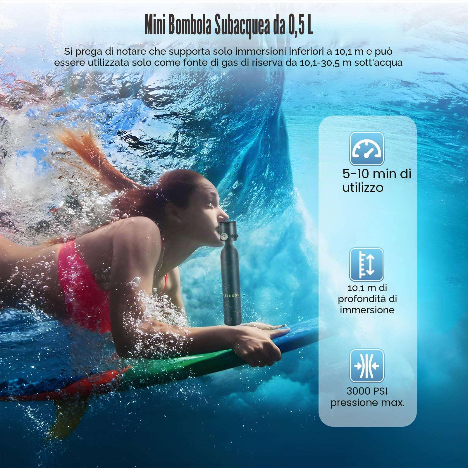 Lung Tank Bombola di Ossigeno Bombola per Immersioni Mini Cilindro per Immersioni 0,13 Galloni per Immersioni Ricreative ed Emergenza, 5-10 Minuti di Tempo di Immersione 100 piedi / 30m di