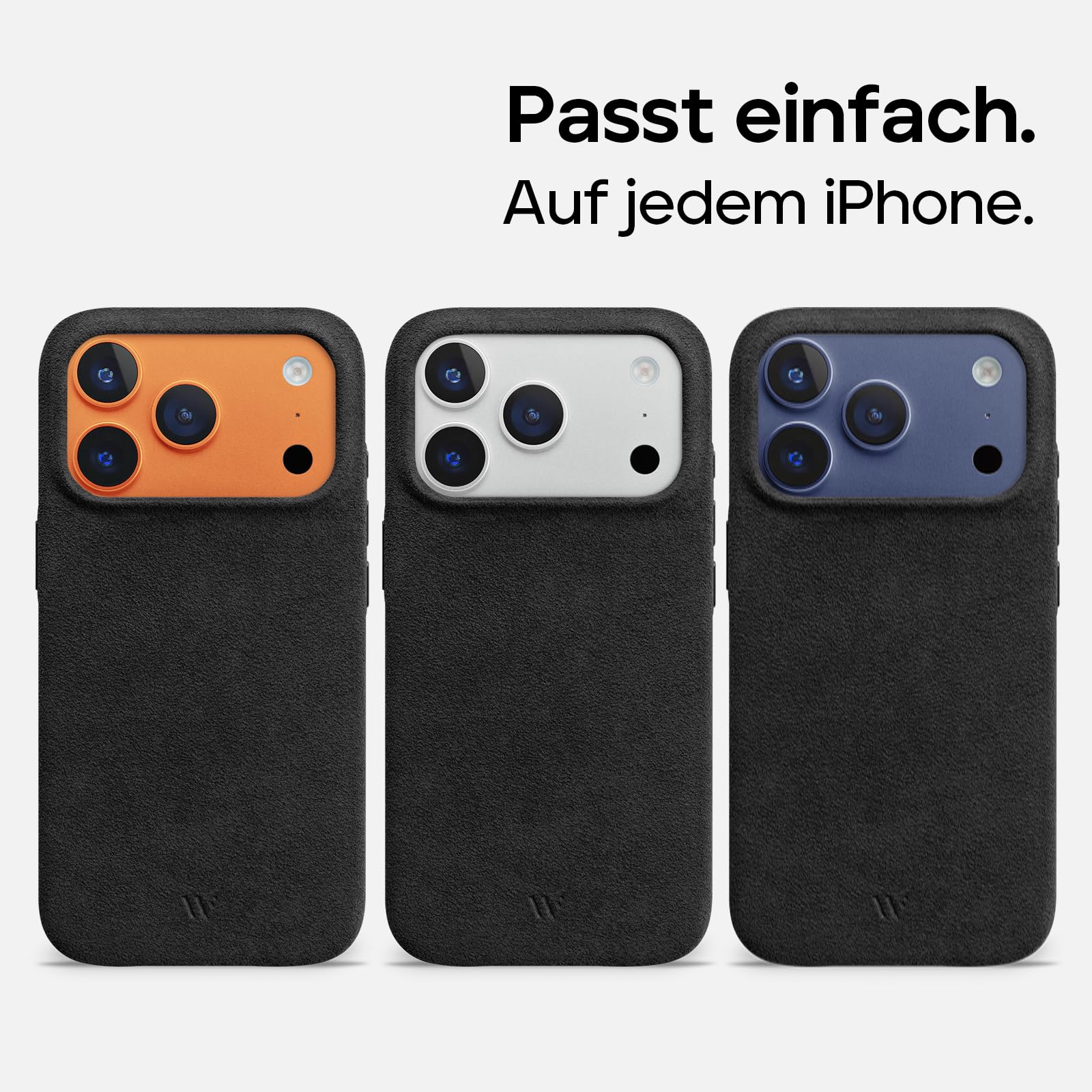 WIIUKA Hülle für iPhone 17 Pro, original Alcantara®, handgefertigt, 360° Schutz, extra schlank, Premium Handyhülle, Case, Qi, Leder-Alternative, skiin VL Alcantara®, Schwarz