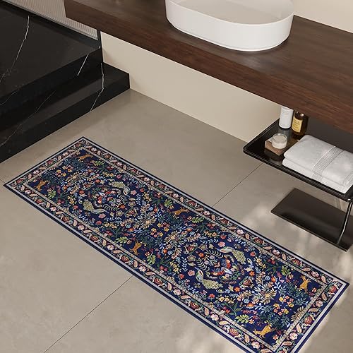 Vista 5 de Rugcomf Alfombra de pasillo lavable para cocina 2'6''x8' Alfombra de pasillo para entrada interior floral antideslizante alfombra suave para Azul