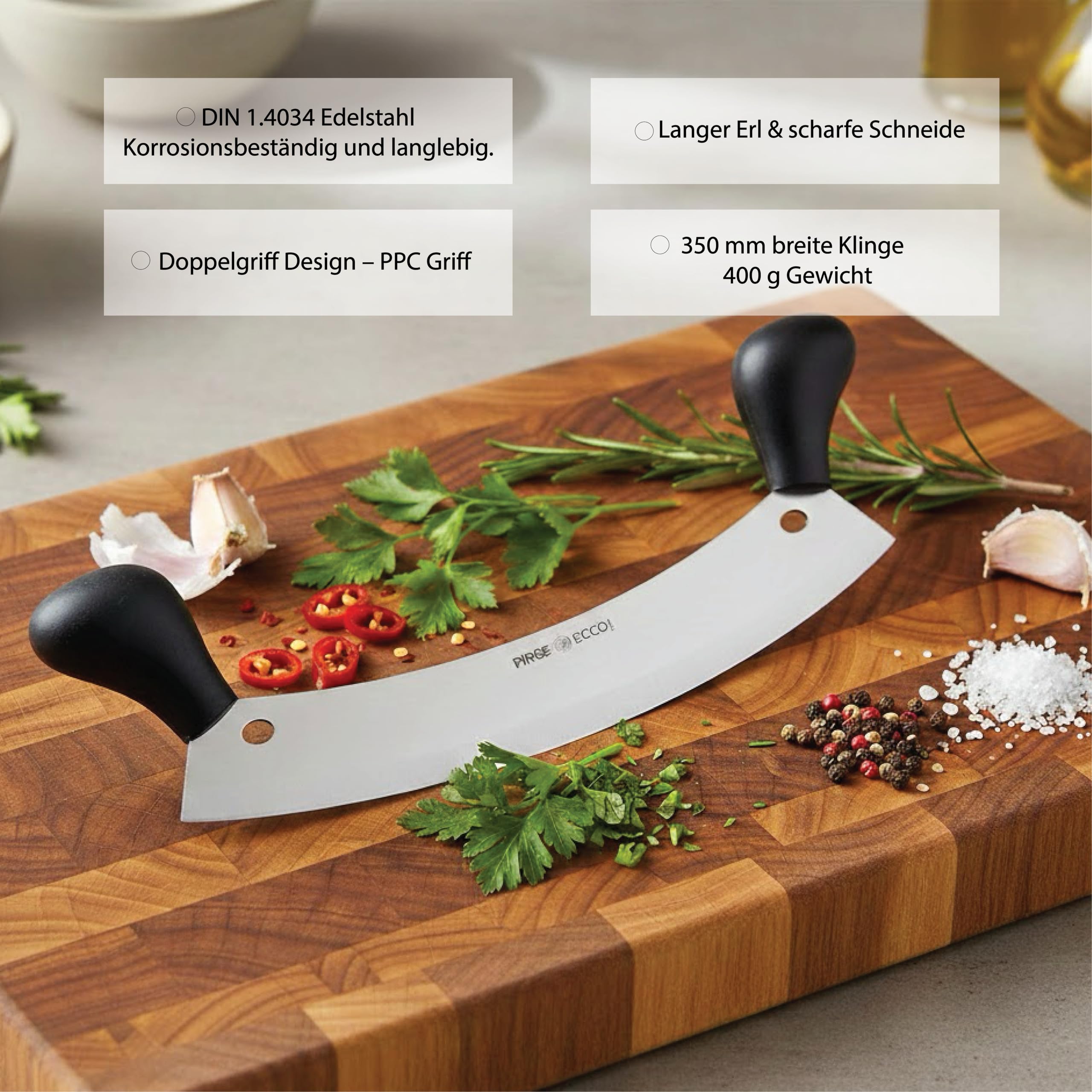 Pirge Ecco Wiegemesser für Fleisch 35 cm Einschneidig Kräutermesser Pizzaschneider - Fleischermesser - Edelstahl Profi Küchenmesser Pizzamesser - Ergonomisches Kunststoff Griffdesign
