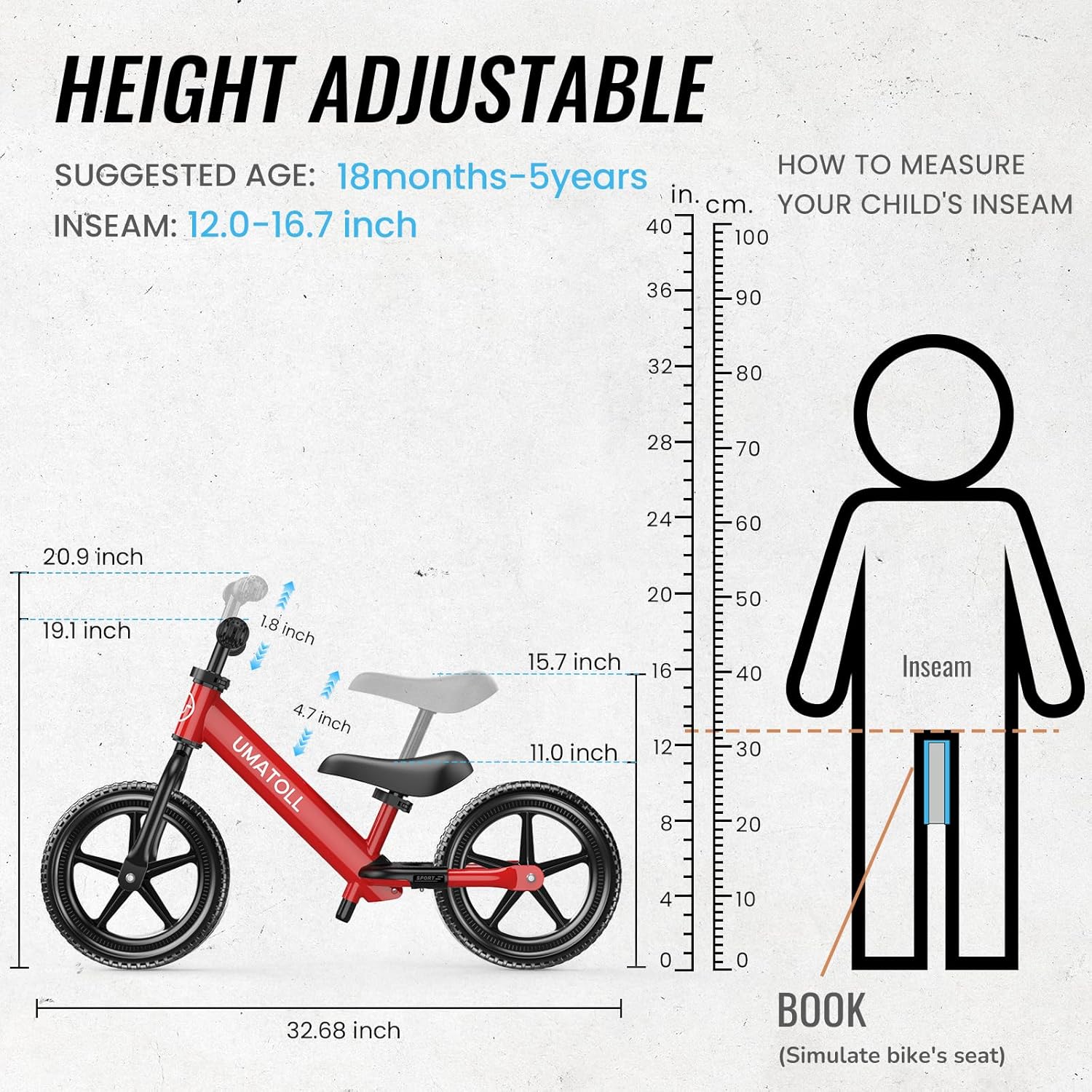 Umatoll Toddler Balance Bike for 2-5 Year Old, Adjustable Kids Toy Bicycle, Gift for Ages 2-3 Girls Boys