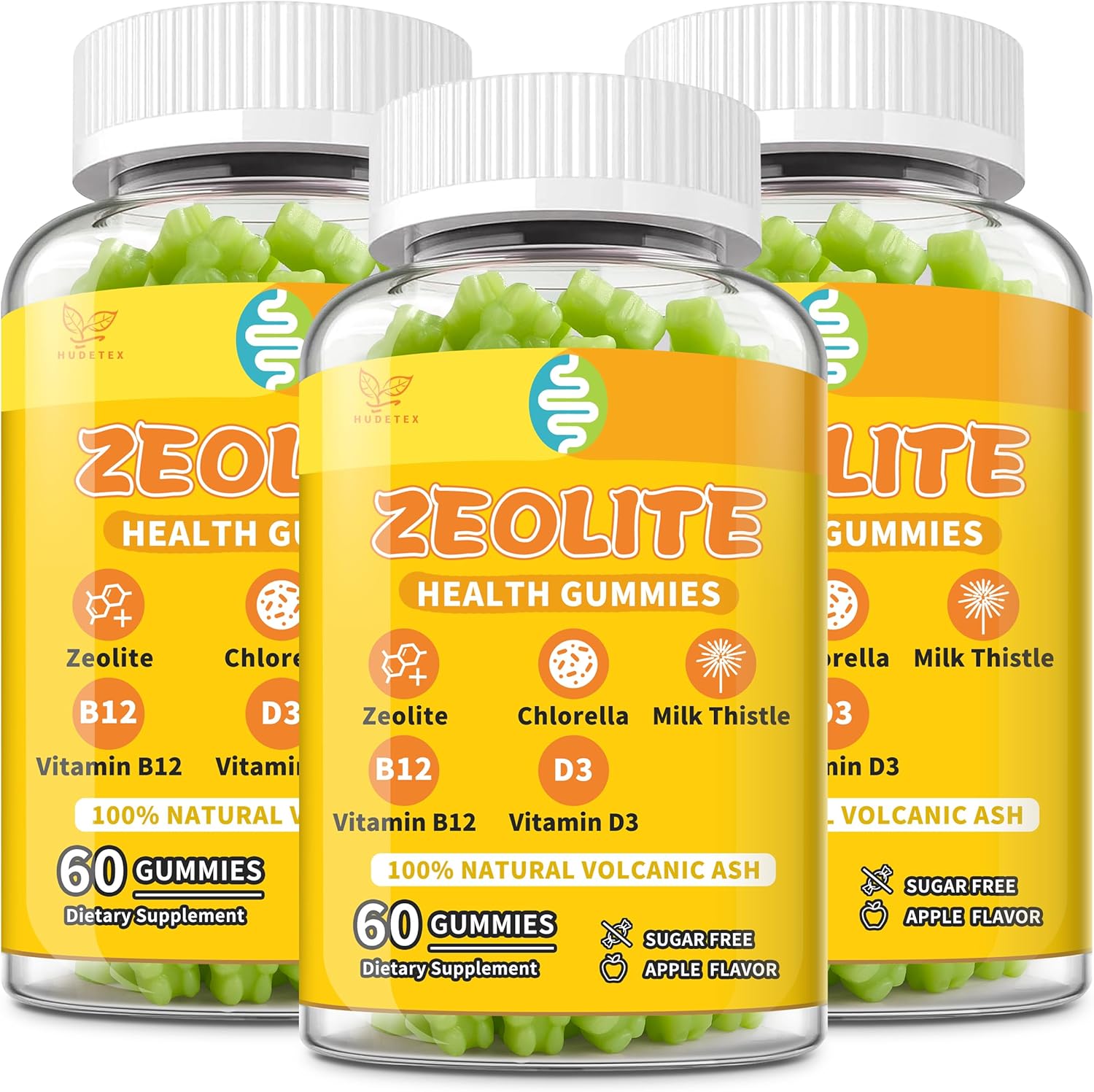 （3 Packs Zeolite Gummies for Adults, Pure Zeolite Clinoptilolite, Chlorella, Milk Thistle & Vitamins-Heavy Metal, Focus, Gut & Immune Support, Vegan, Sugar Free, Apple Flavor, 180 Count