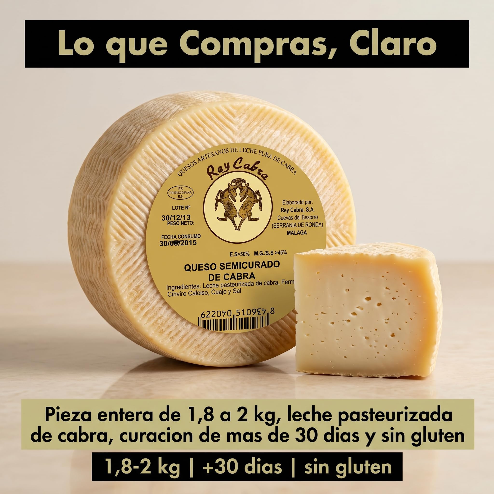 SABE A SABAS Queso Semicurado Rey Cabra Curado Artesano Pieza Entera 2 kg Leche Pasteurizada Sabor Suave y Afrutado Serrania de Ronda Ideal para Tabla Aperitivo Maridaje Regalo Tapas Sin Gluten