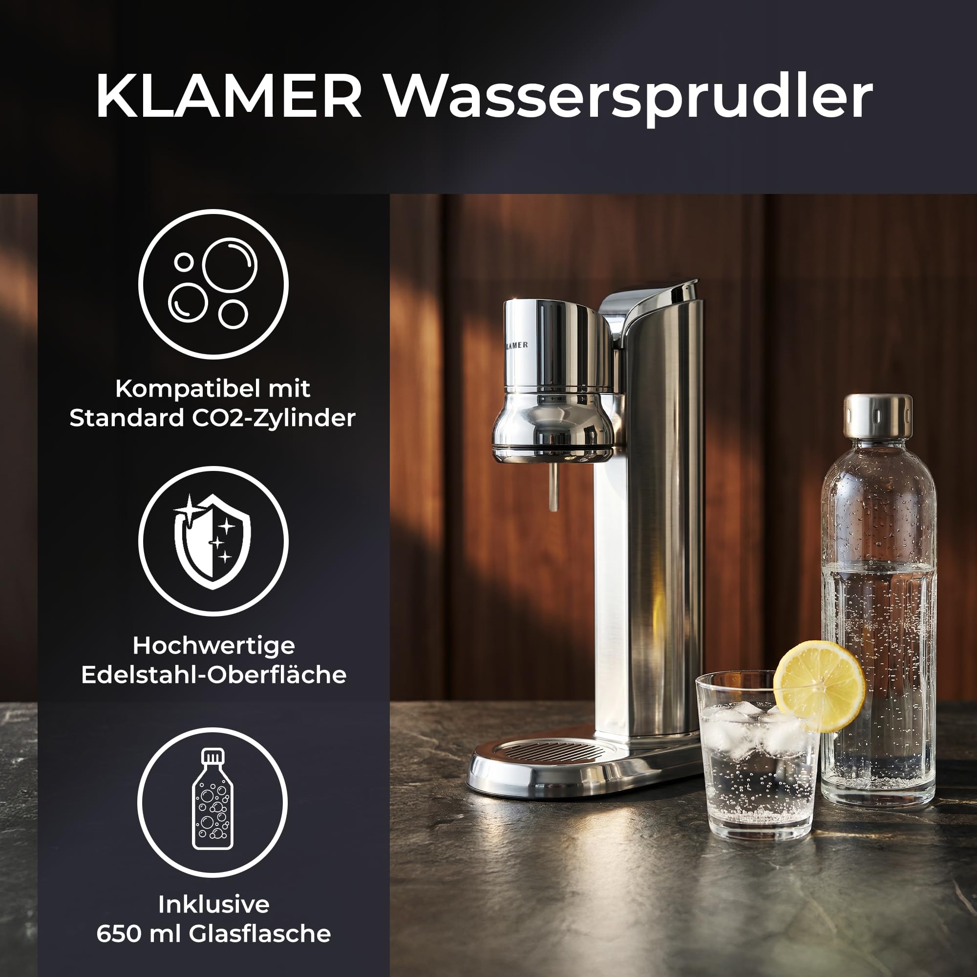 KLAMER Wassersprudler Edelstahl mit Glasflasche, 0,65 MPa Druck, One-Touch-Bedienung, Spülmaschinenfeste Glasflasche, Abtropfschale, Kompatibel mit Standard CO2 Zylinder 60mm