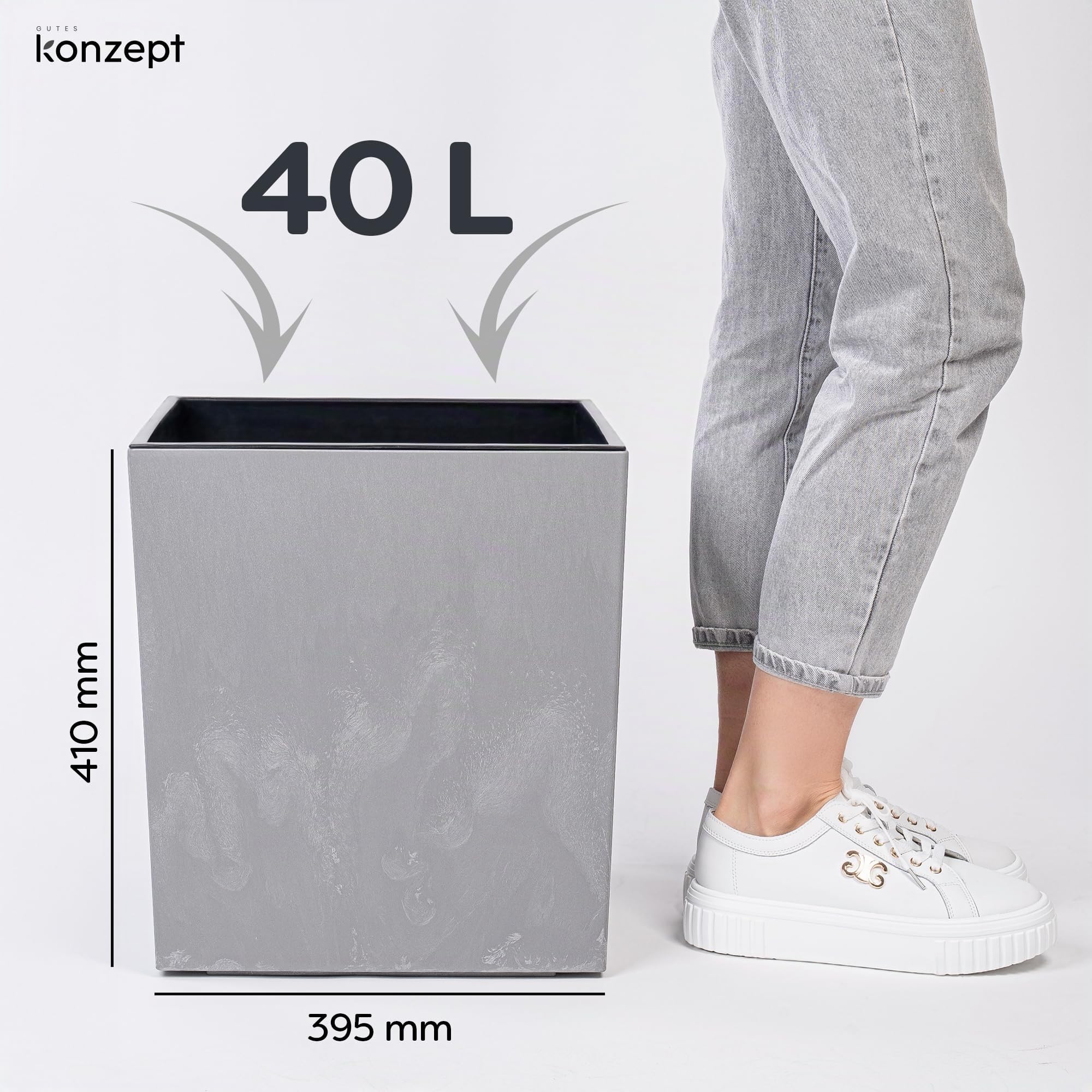 KONZEPT Blumenkübel mit Einsatz, XL 40x40x40 cm – UV-beständig & wetterfest, aus 100 % recyceltem Kunststoff – Pflanzkübel in grau Beton-Optik für Garten, Balkon & Terrasse