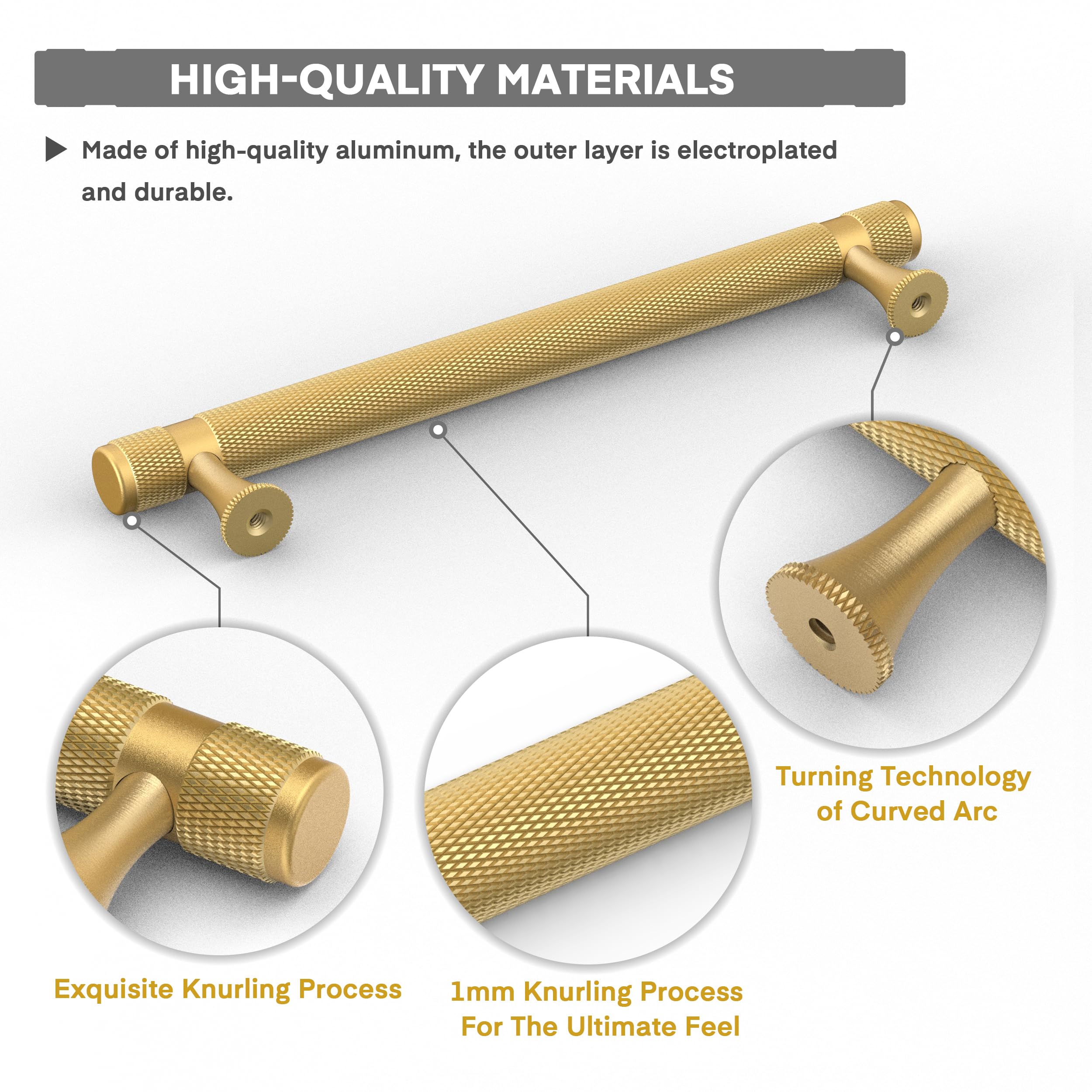 10 Pack Bar Cabinet Handles | Brushed Satin Gold & Matte Black T-Pull | 6.3" Hole Center, 7.64" Length - View #7