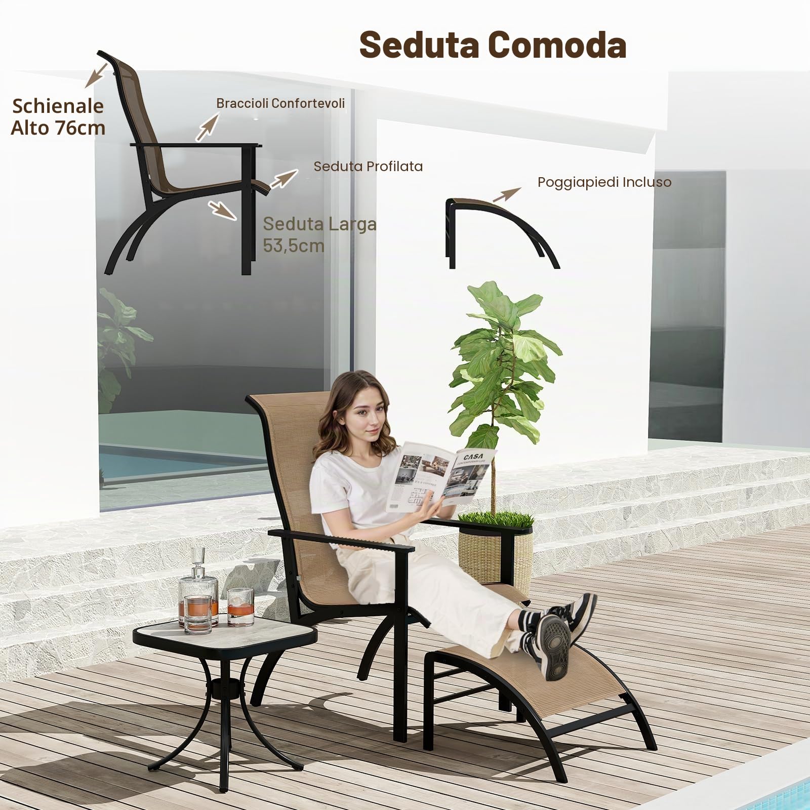 KOMFOTTEU Set di Mobile da Giardino in 5 Pezzi, Set Tavolo e Sedie da Balcone in Tessuto Textilene, Set da Bistrò con Tavolo, 2 Sedie Adirondack e 2 Poggiapiedi per Terrazza, Bordo di Piscina, Marrone