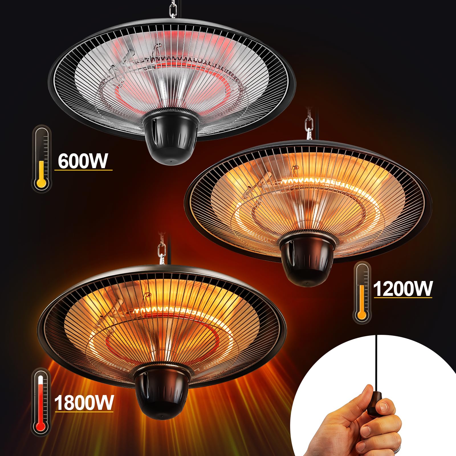 Set di 2 stufe da esterni da 1800 W, sospese, colore nero | 2 stufe elettriche sospese con 3 livelli di calore, ideali per terrazze, balconi e ambienti esterni coperti
