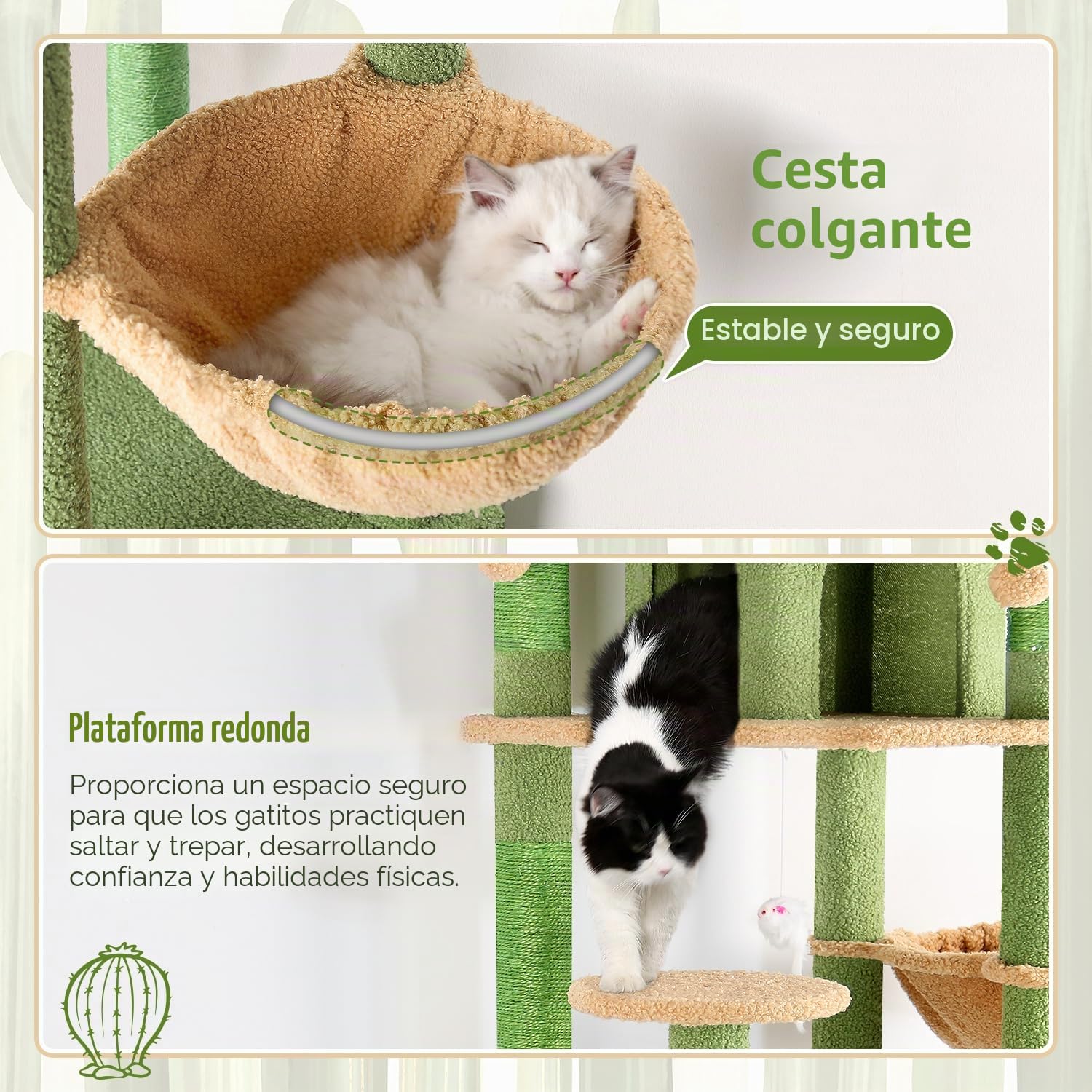Globlazer Rascador para Gatos Verde Cactus XXL 209 cm con 3 Perchas Acolchadas, 2 Nidos, 2 Cesta, Grande Plataformas, Juguetes de Peluche, Lujo Árbol Rascador para 3-5 Gatos Interior (F82, Verde)