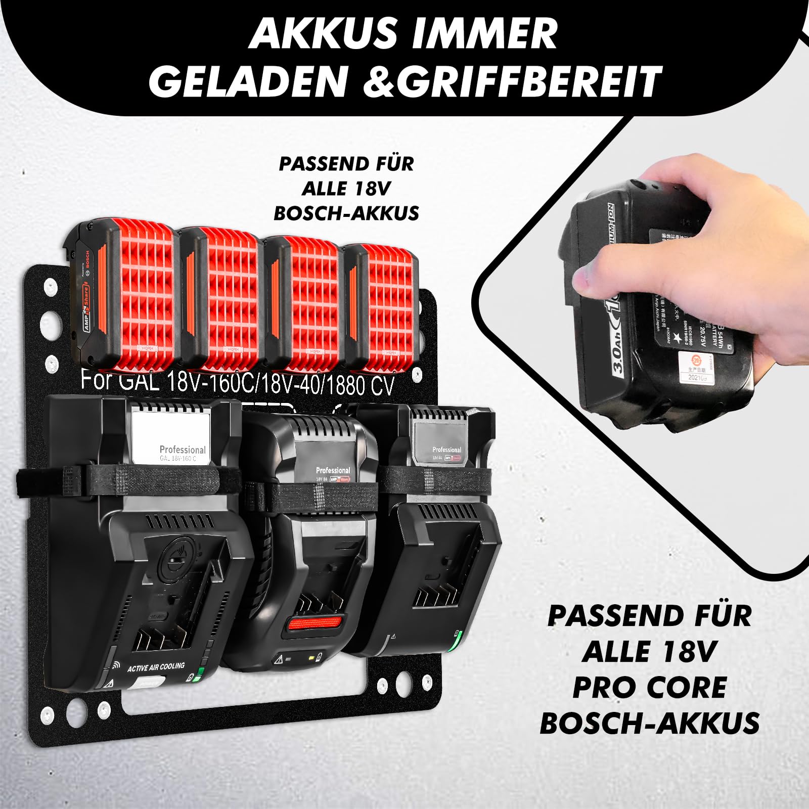 Support mural en métal pour Bosch, support de batterie professionnel et chargeur 18 V, stable pour batterie Bosch, matériel de montage de qualité supérieure, rangement