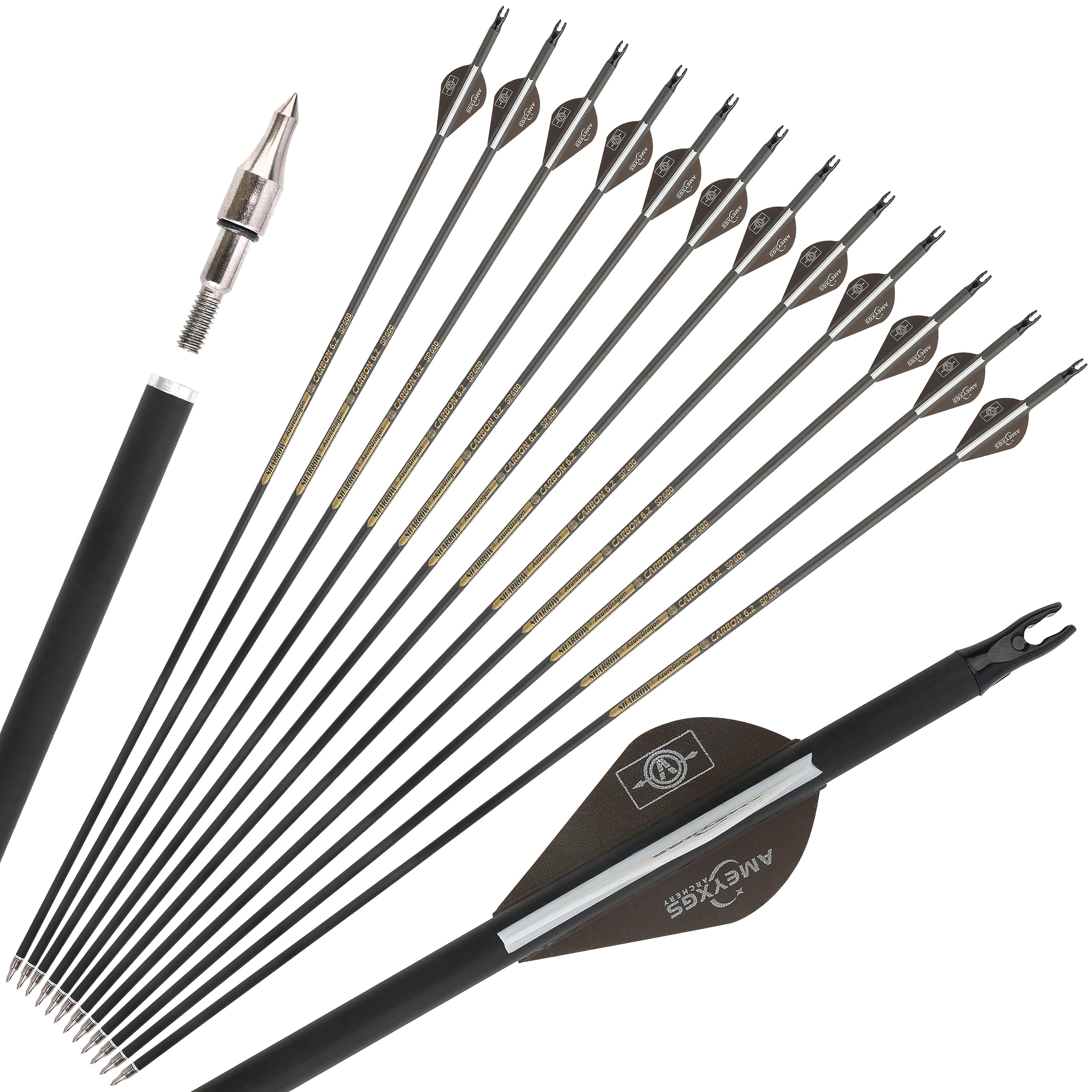 FQH 32" Archery Pure Carbon Arrows 300 350 400 500 600 Spine Hunting Arrows for Recurve Compound Bow Outdoor Hunting Target Shooting Archery Training (6/12pcs) (6 pcs, Brown, 600 spine)