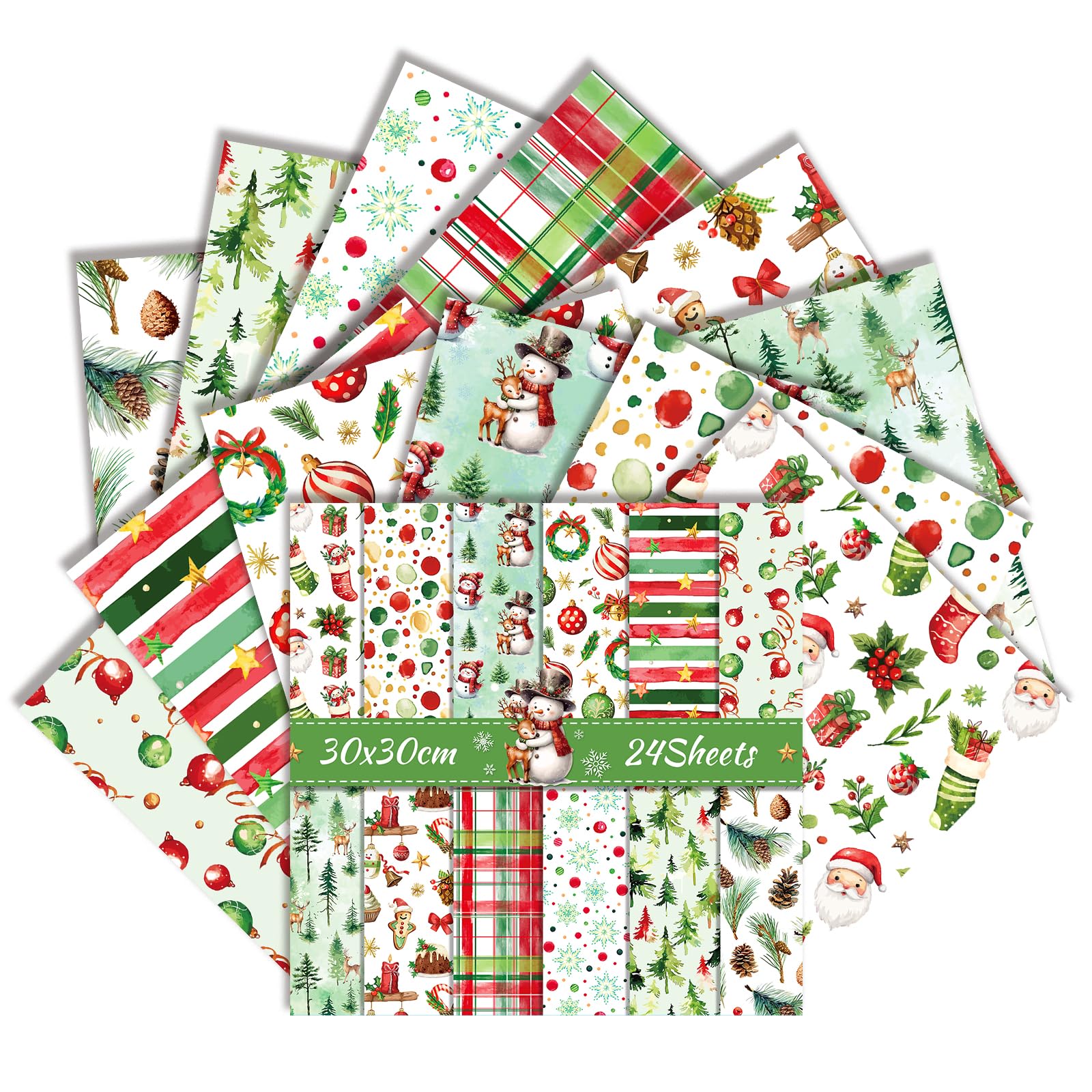 24 Sheets Christmas Scrapbook Paper 11.8x11.8 Inch Double Sided Holiday Craft Paper for Card Making Journaling Photo Albums Home Decor (Green, 30×30cm)