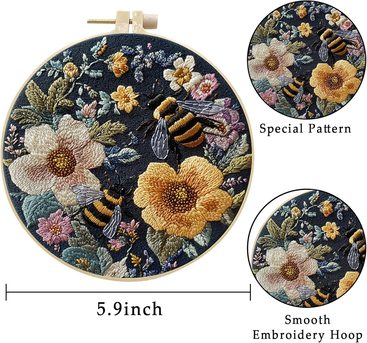 LB 4 Pack Yellow Bee Floral Embroidery Kit for Beginners Green Plant Beginner Embroidery Kit for Adults DIY Starter Kit with Embroidery Hoop Colorful Threads Tools Step by Step Instructions