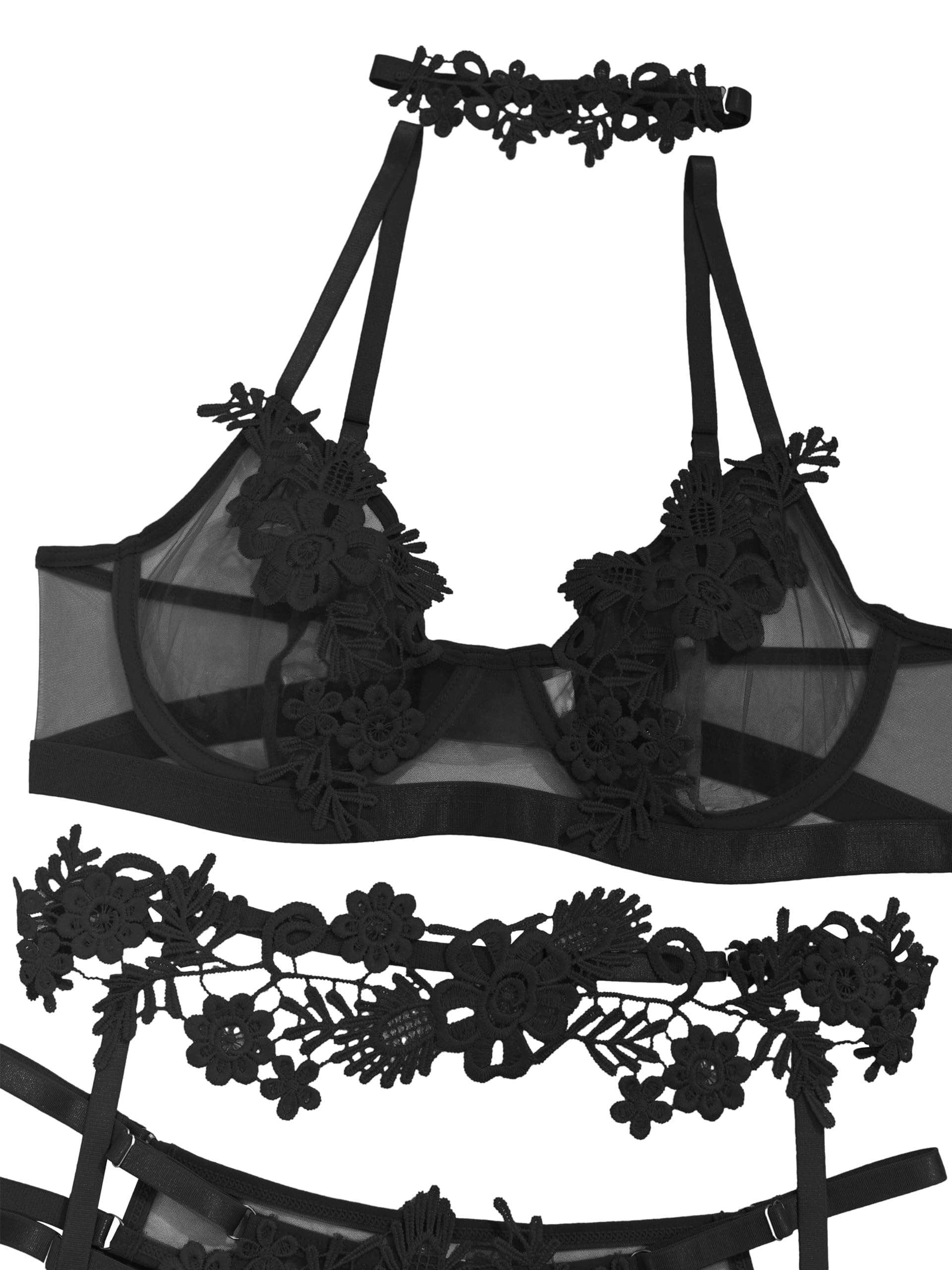 Lilosy Sexy Cute Applique Embroidered Underwire Push Up Garter Belt Chocker Lingerie Set